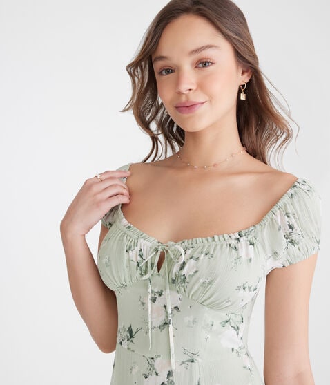 Floral Scoop-Neck Tie-Front Midi Dress