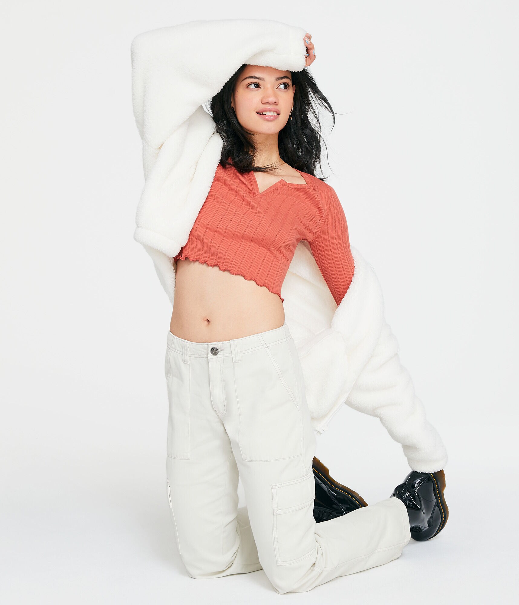 Long Sleeve Notch-Neck Cropped Shrunken Tee