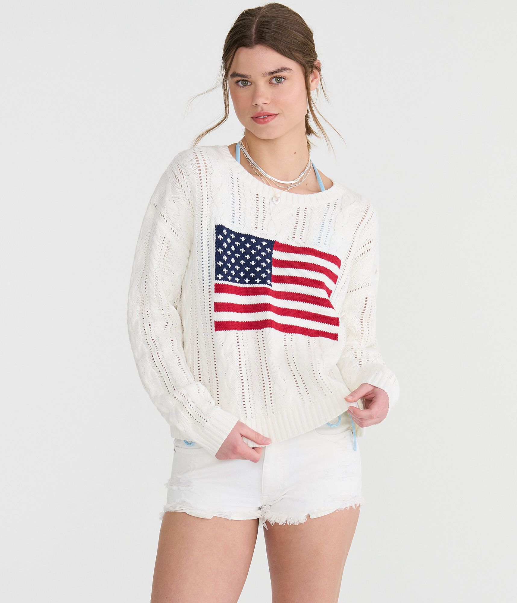 American Flag Cable Crew Sweater