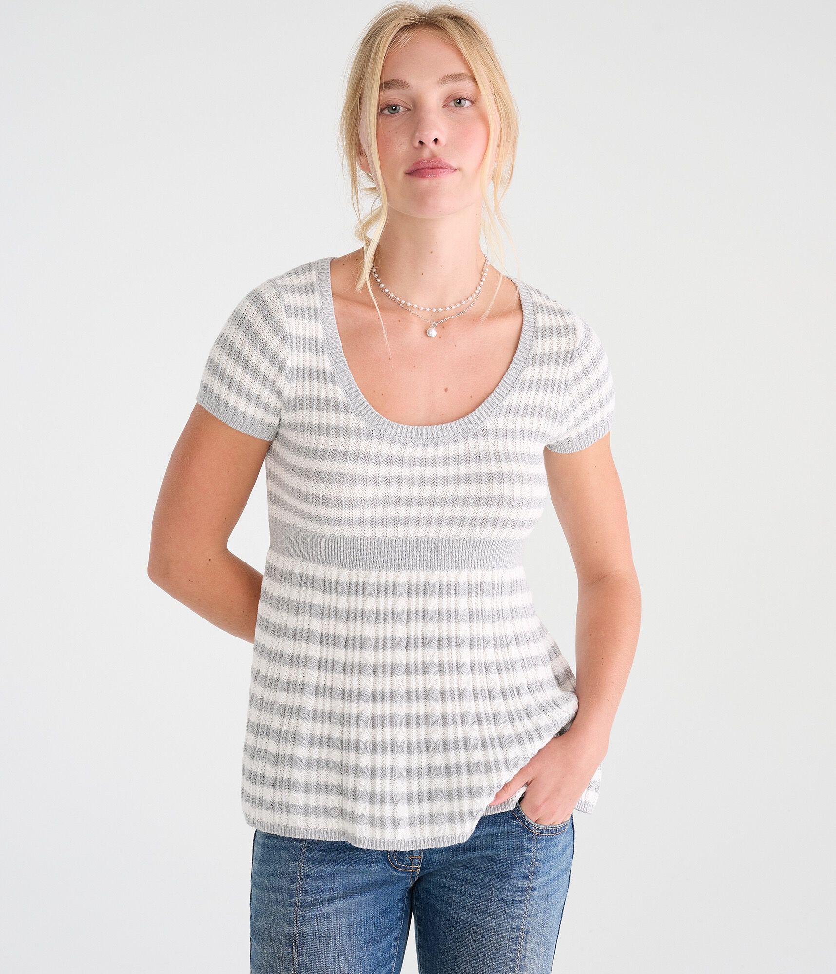 Image of Short Sleeve Striped Scoop-Neck Babydoll Sweater
