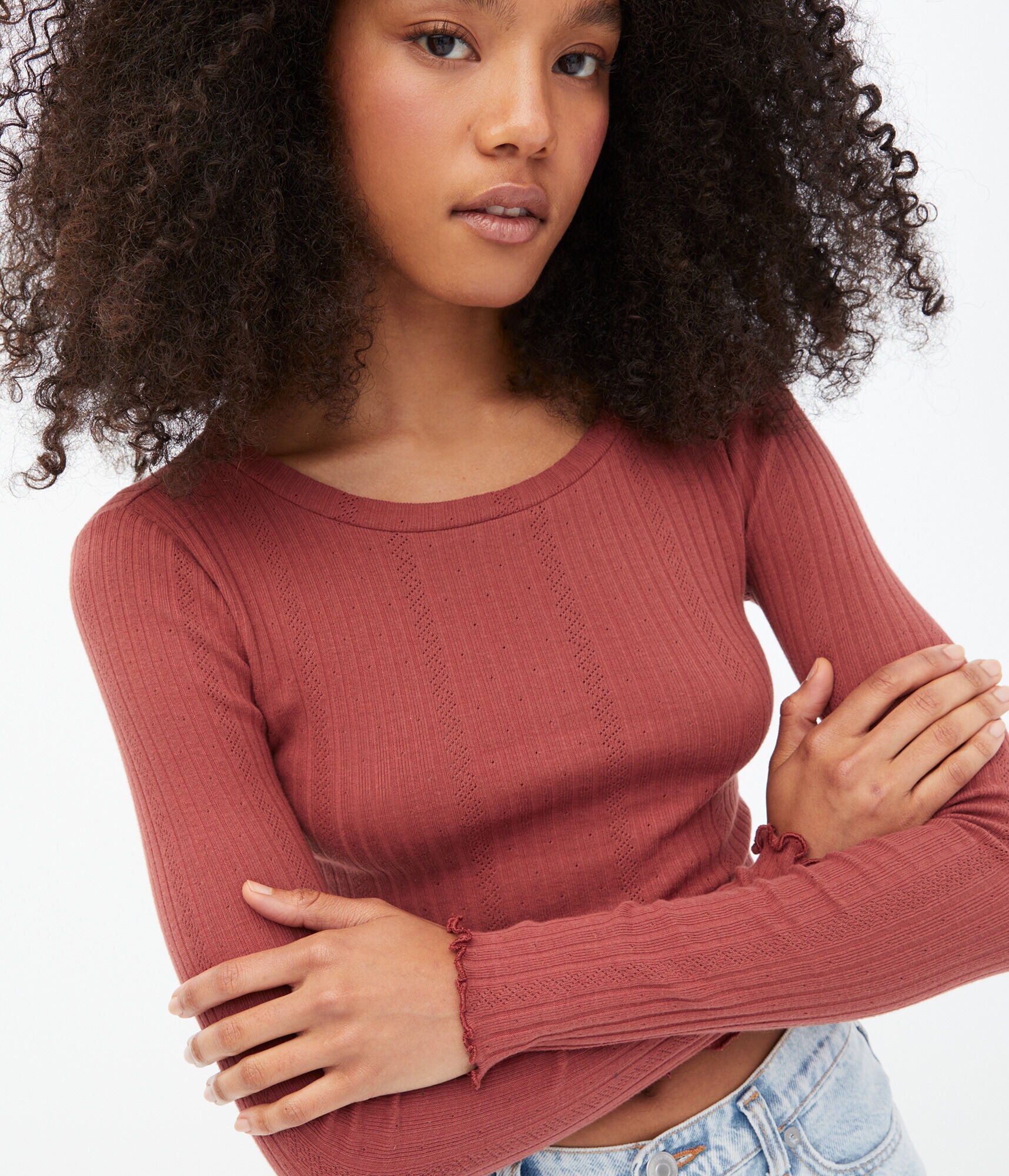 Long Sleeve Pointelle Cropped Shrunken Tee