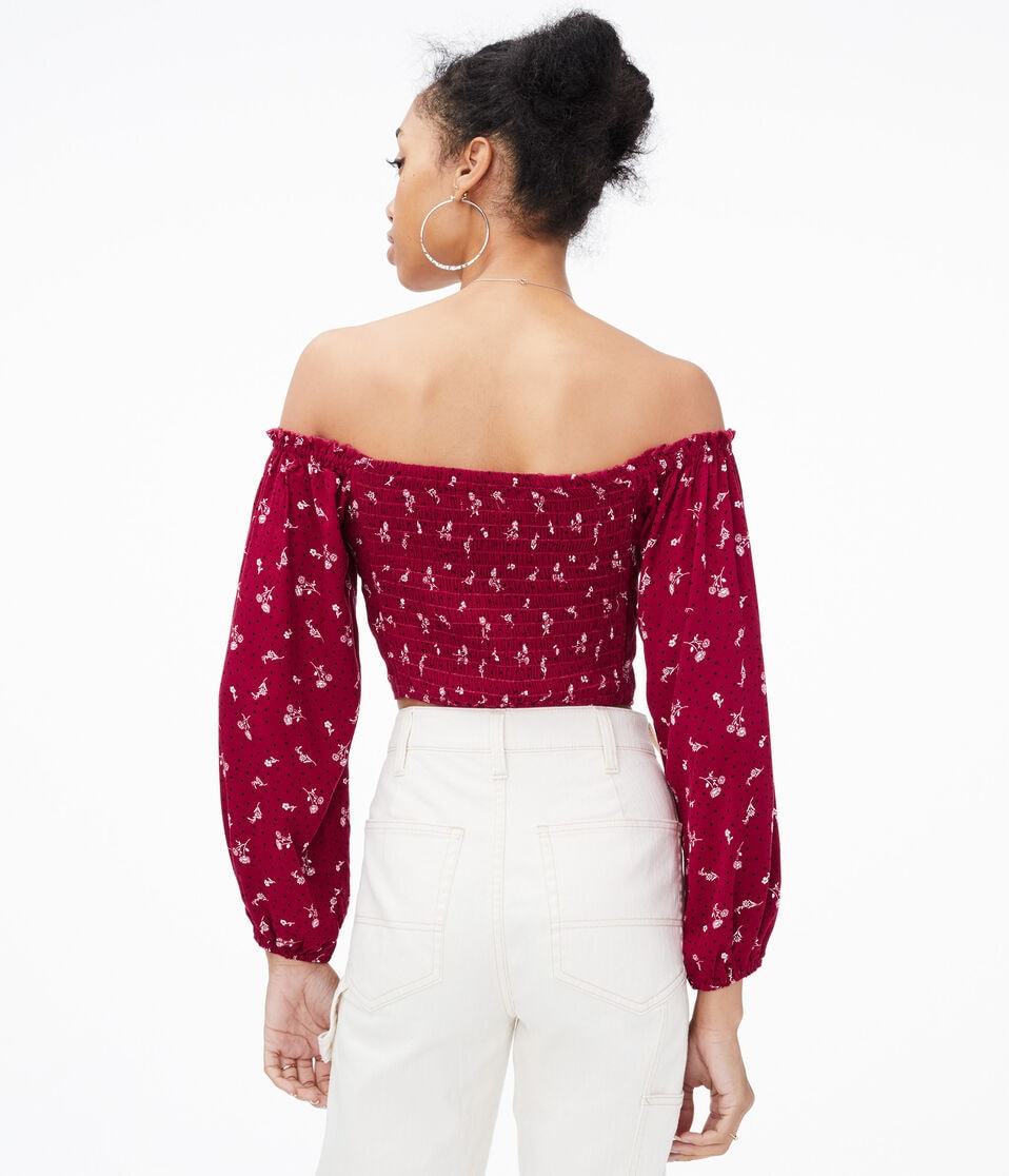 Floral Lace-up Off-The-Shoulder Crop Top
