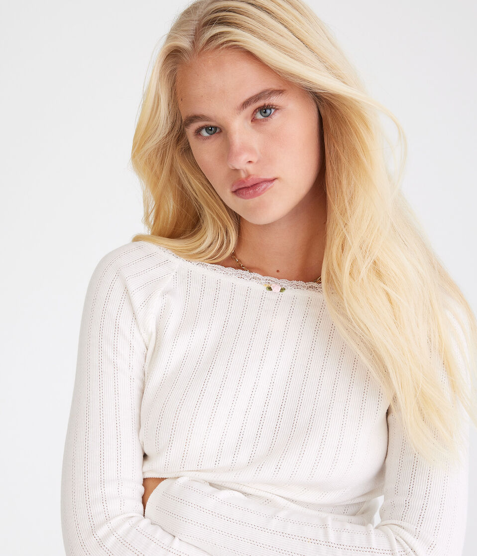 Long Sleeve Pointelle Open-Neck Tee