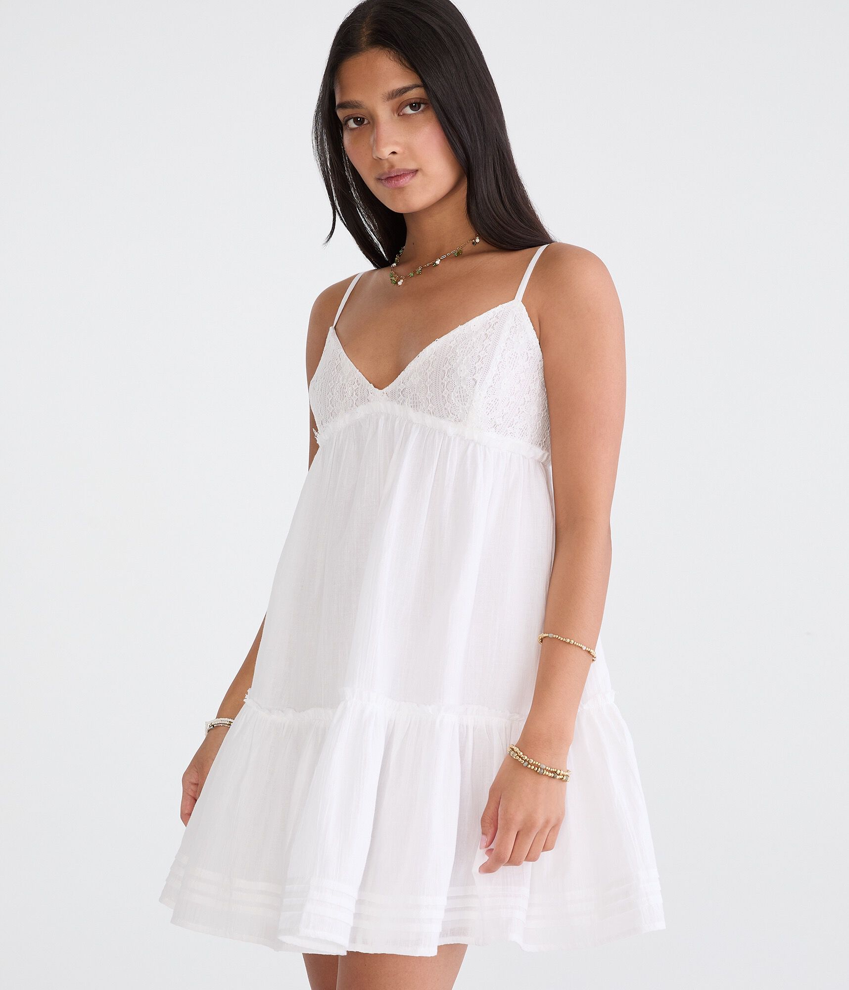 Solid V-Neck Crocheted Babydoll Mini Dress