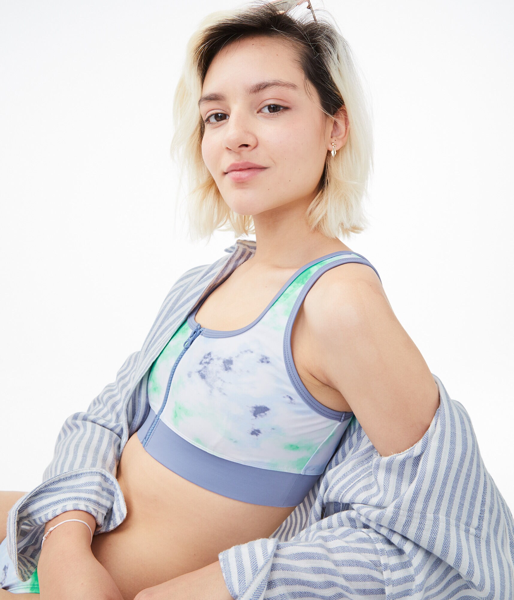 Tie-Dye Zip-Front Sport Bikini Top