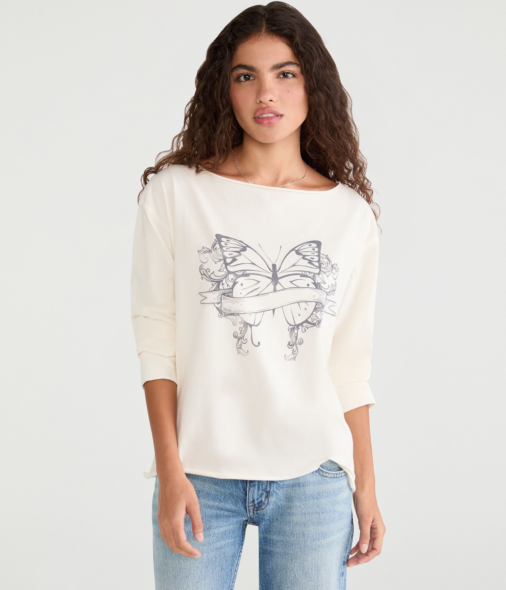 Long Sleeve Butterfly Off-The-Shoulder Vintage Fit Graphic Tee