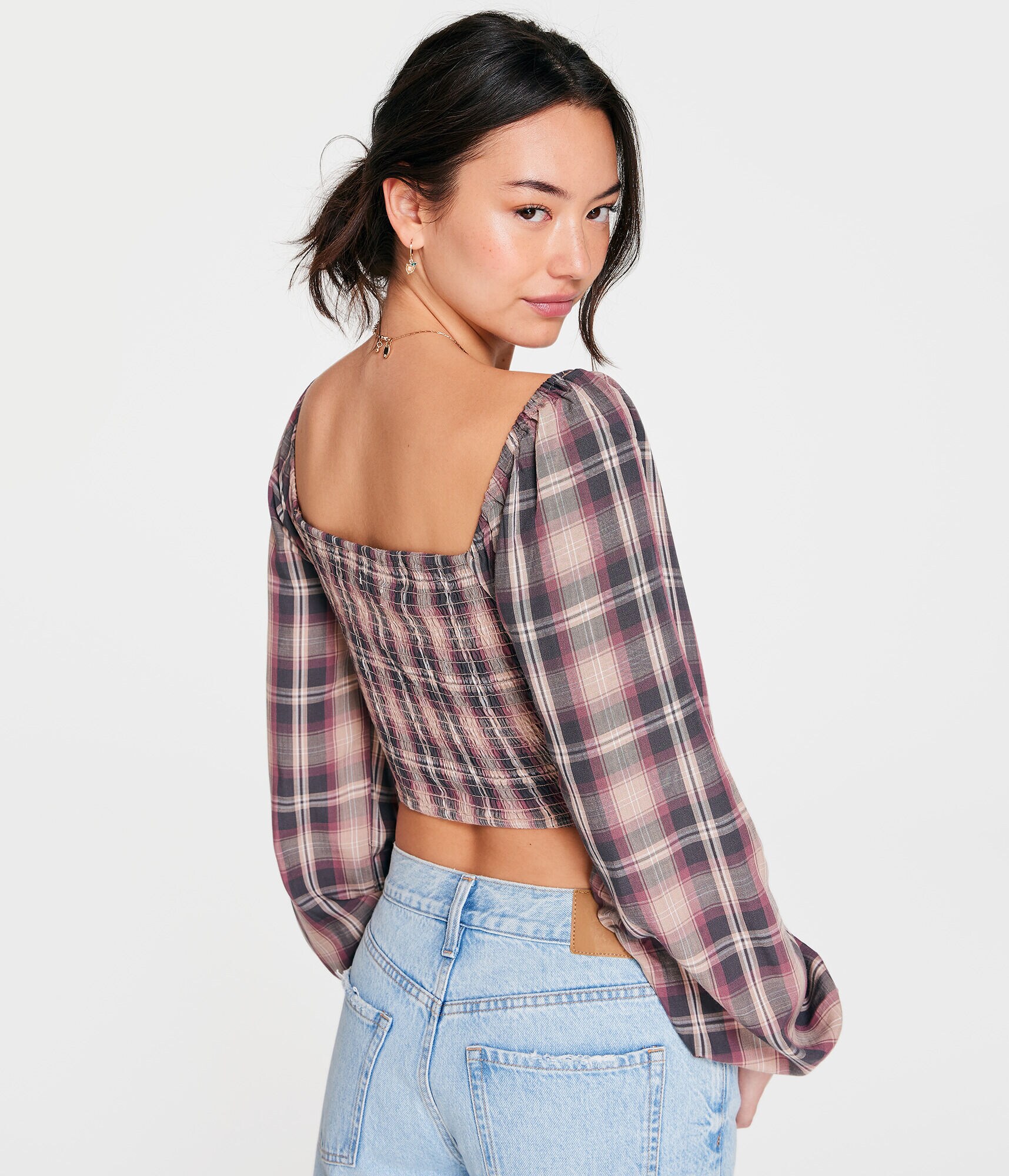 Long Sleeve Plaid Double-Keyhole Crop Top