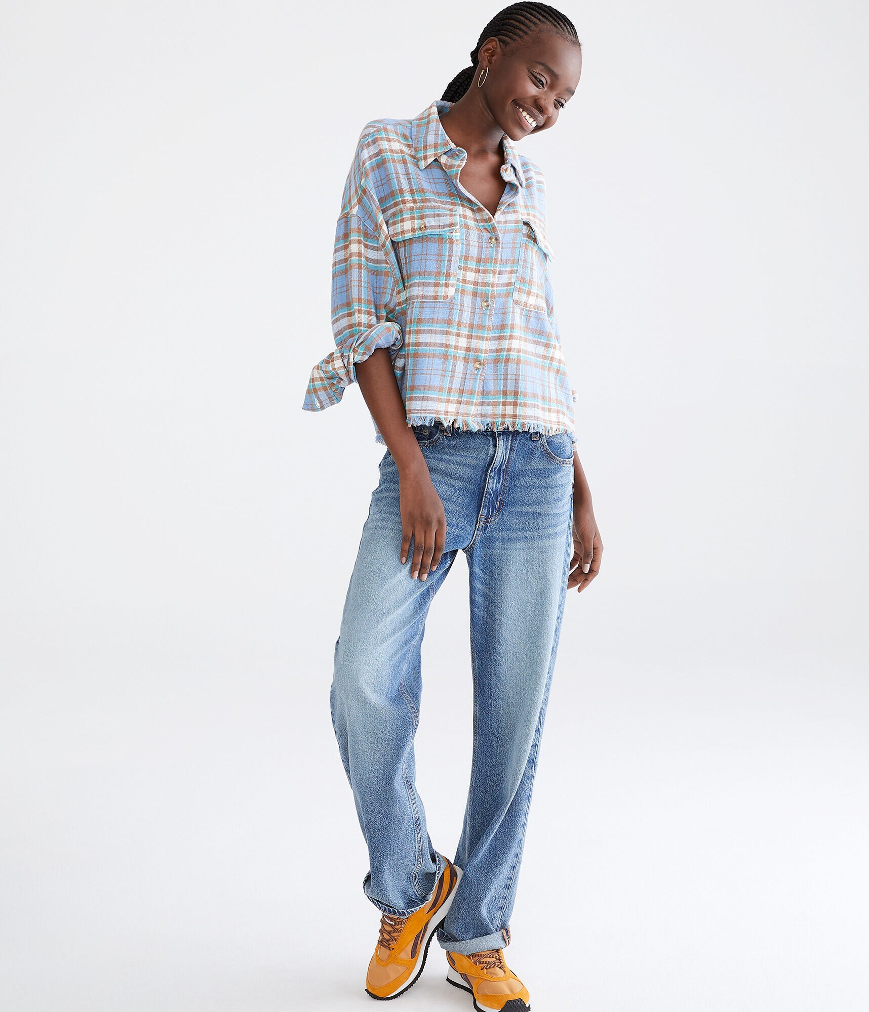 Long Sleeve Distressed Plaid Flannel Shirt