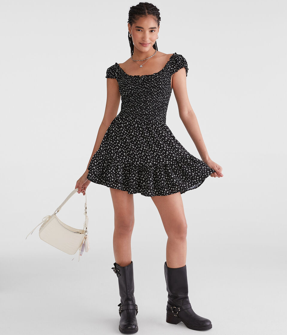 Floral Scoop-Neck Smocked Fit & Flare Dress