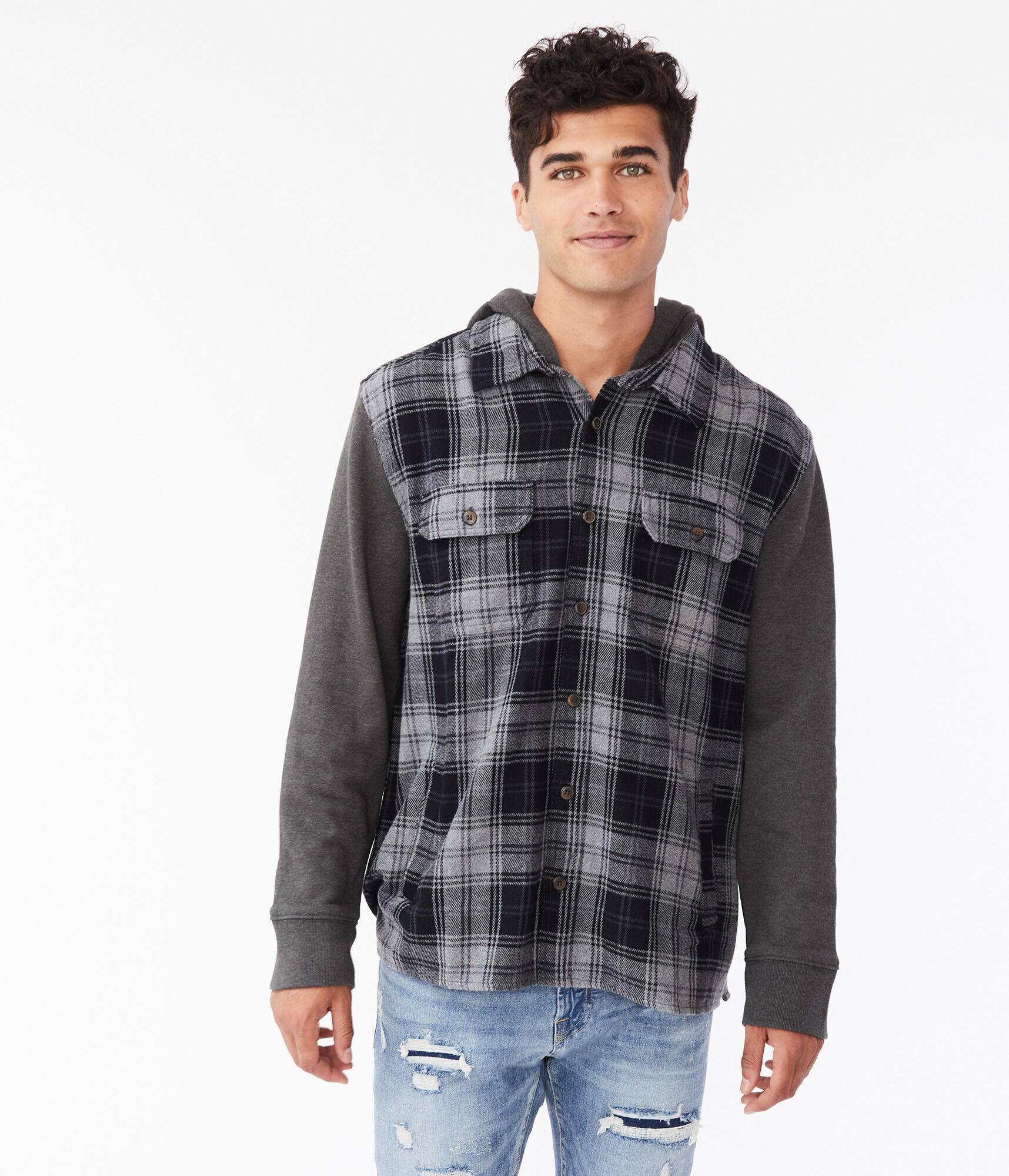 Long Sleeve Hooded Flannel Button-Down Shirt