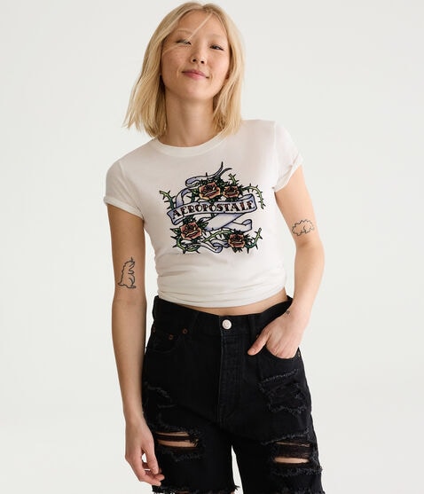 Aeropostale Thorny Roses Flocked Graphic Tee Aeropostale Thorny Roses Flocked Graphic Tee