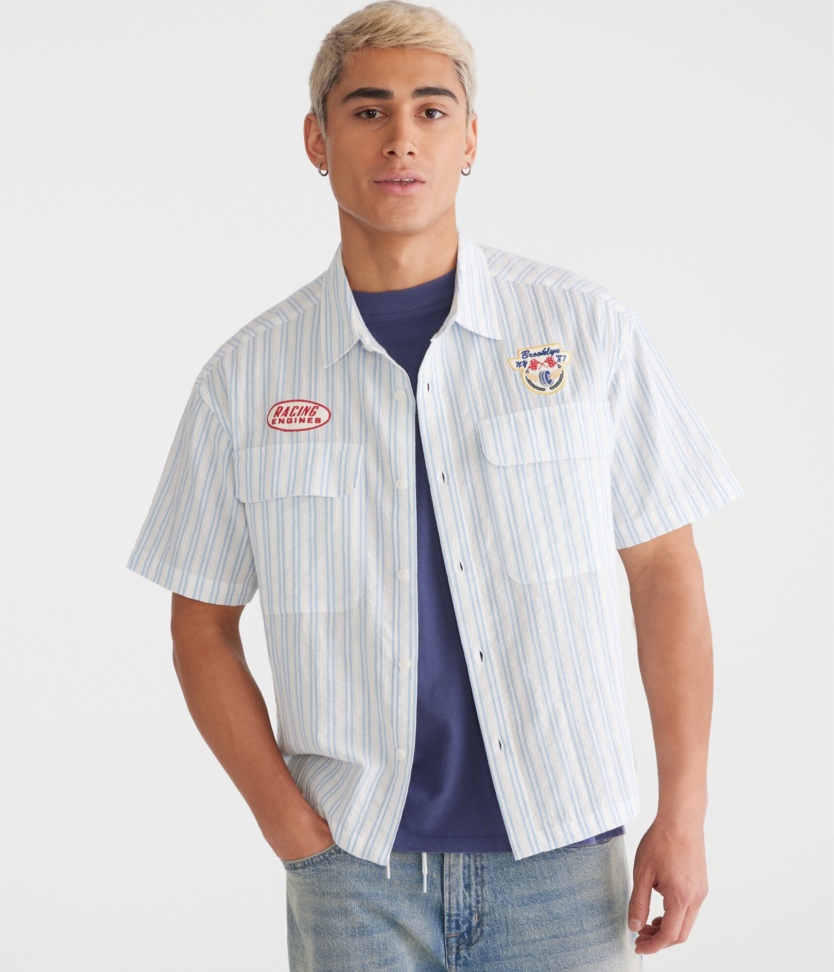 Short Sleeve Striped Brooklyn Racing Mechanic Shirt