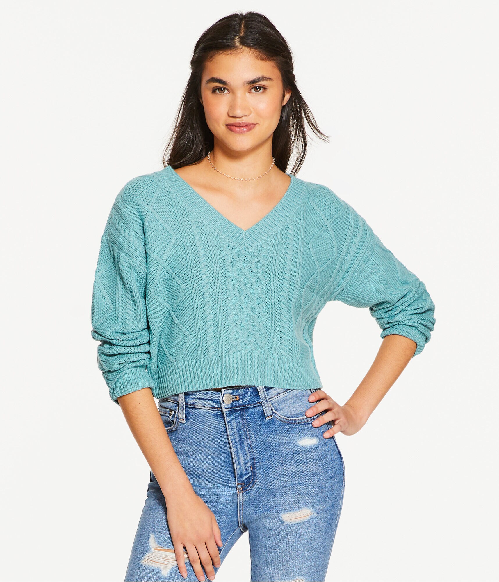 Cable-Knit Cropped V-Neck Sweater