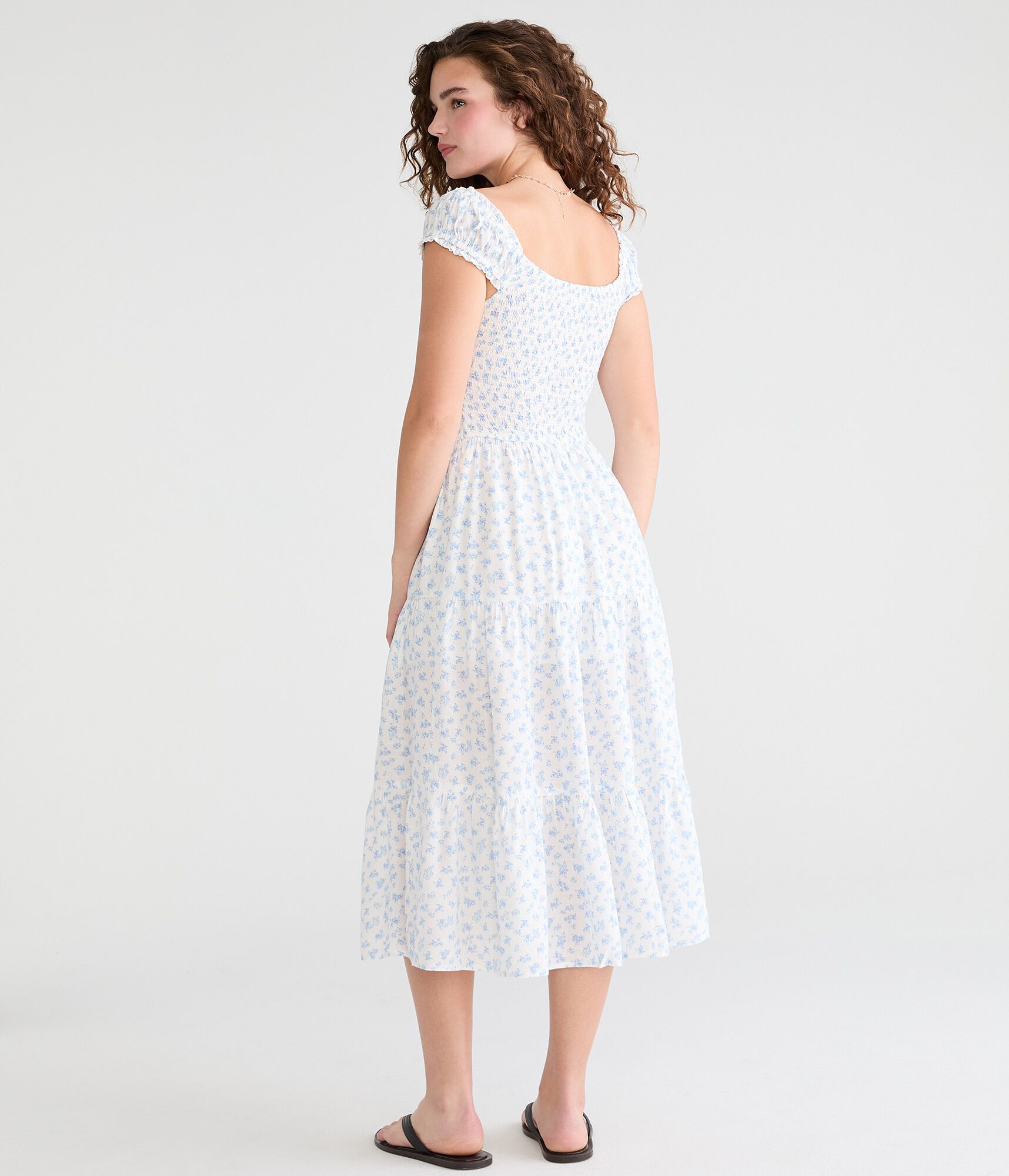 Floral Square-Neck Tiered Midi Dress