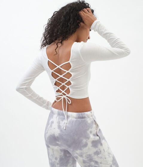 Long Sleeve Lace-Up Back Bodycon Crop Top Long Sleeve Lace-Up Back Bodycon Crop Top