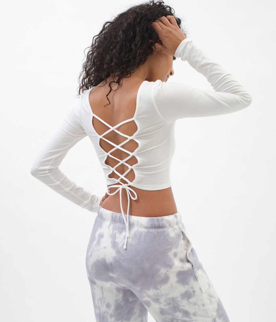 Long Sleeve Lace-Up Back Bodycon Crop Top