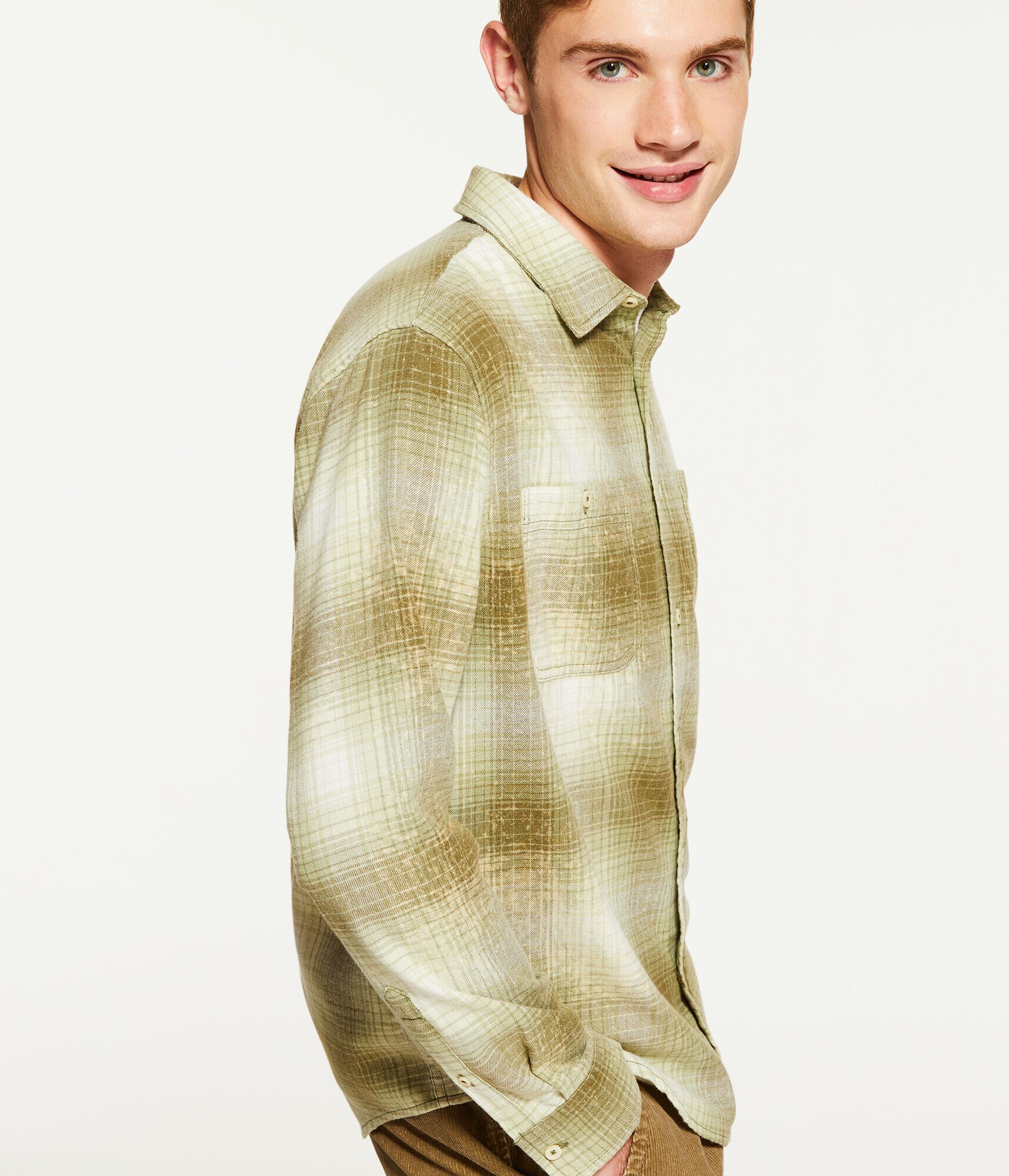 Long Sleeve Relaxed Bleached-Out Plaid Flannel Shirt