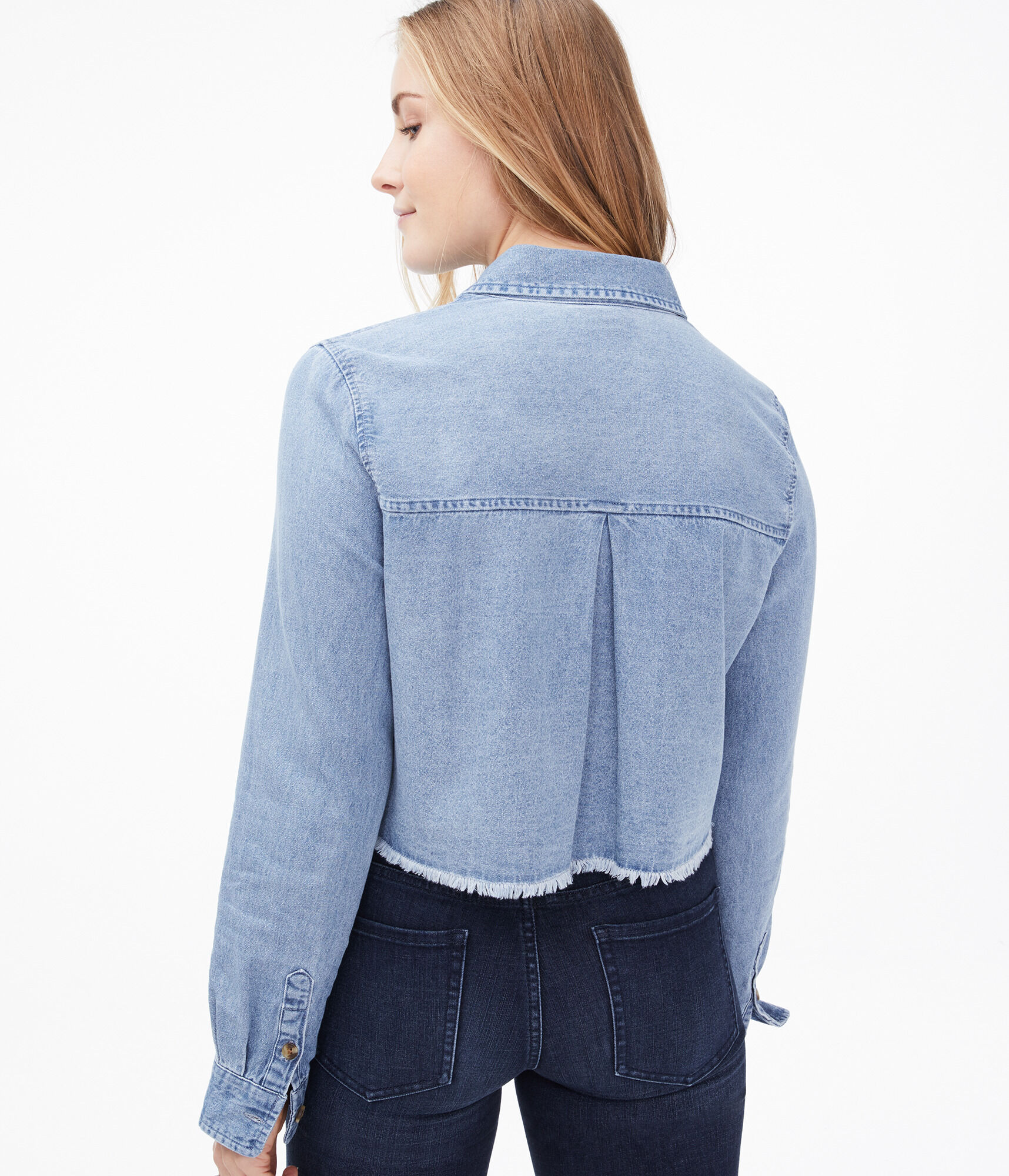 Long Sleeve Chambray Cropped Button-Down Shirt