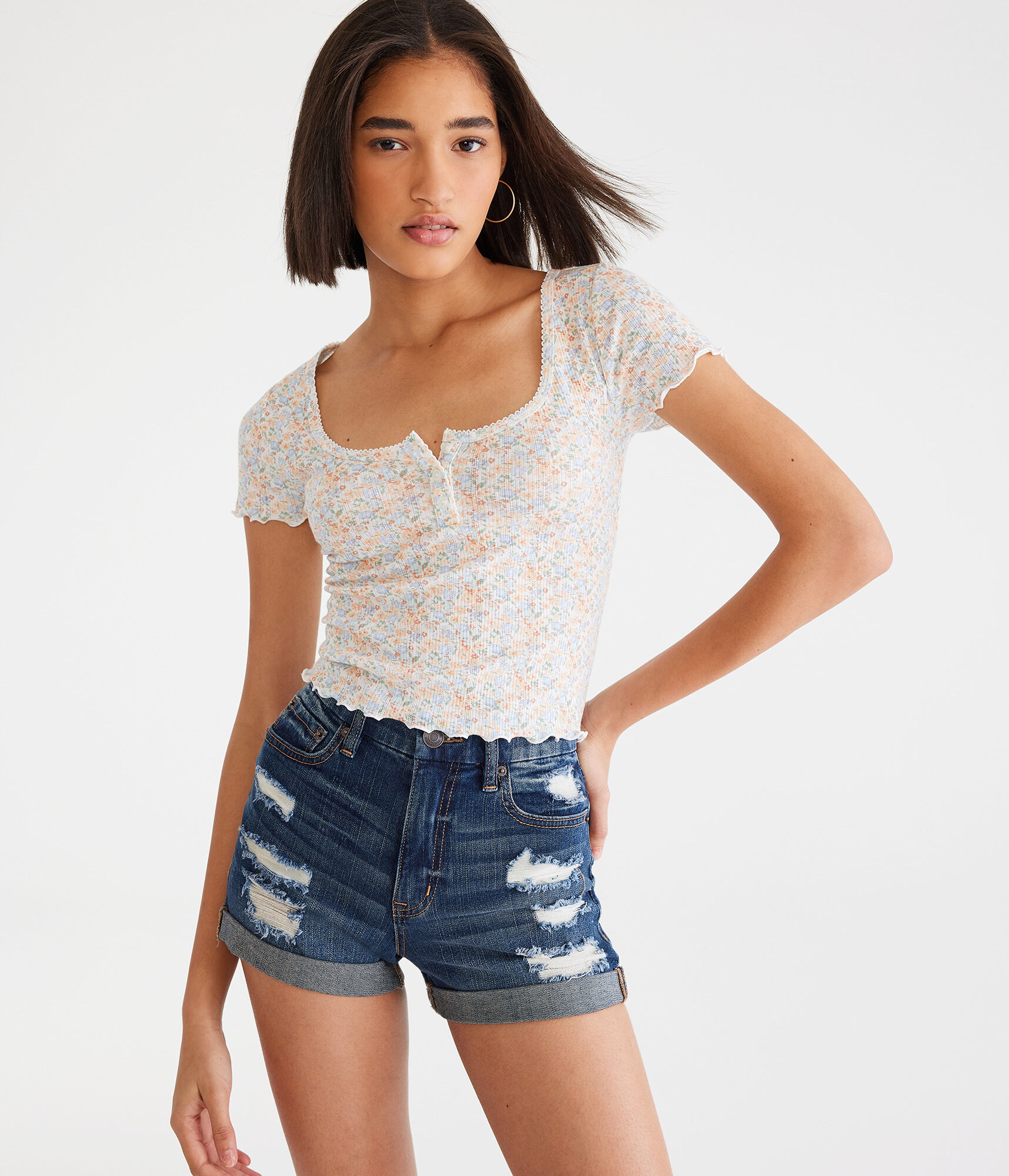 Curvy High-Waisted Denim Midi Shorts