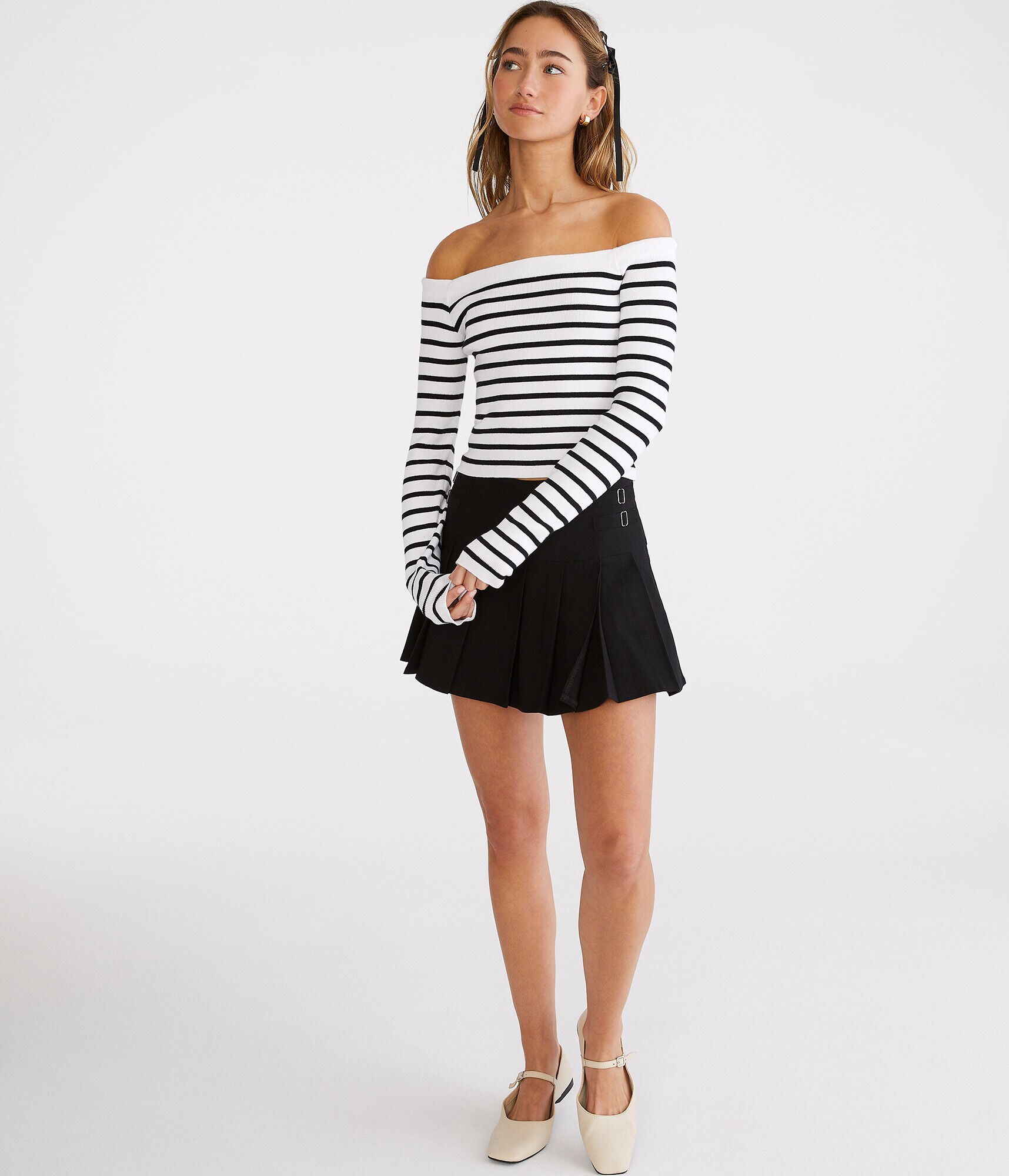 Striped Off-The-Shoulder Cropped Sweater