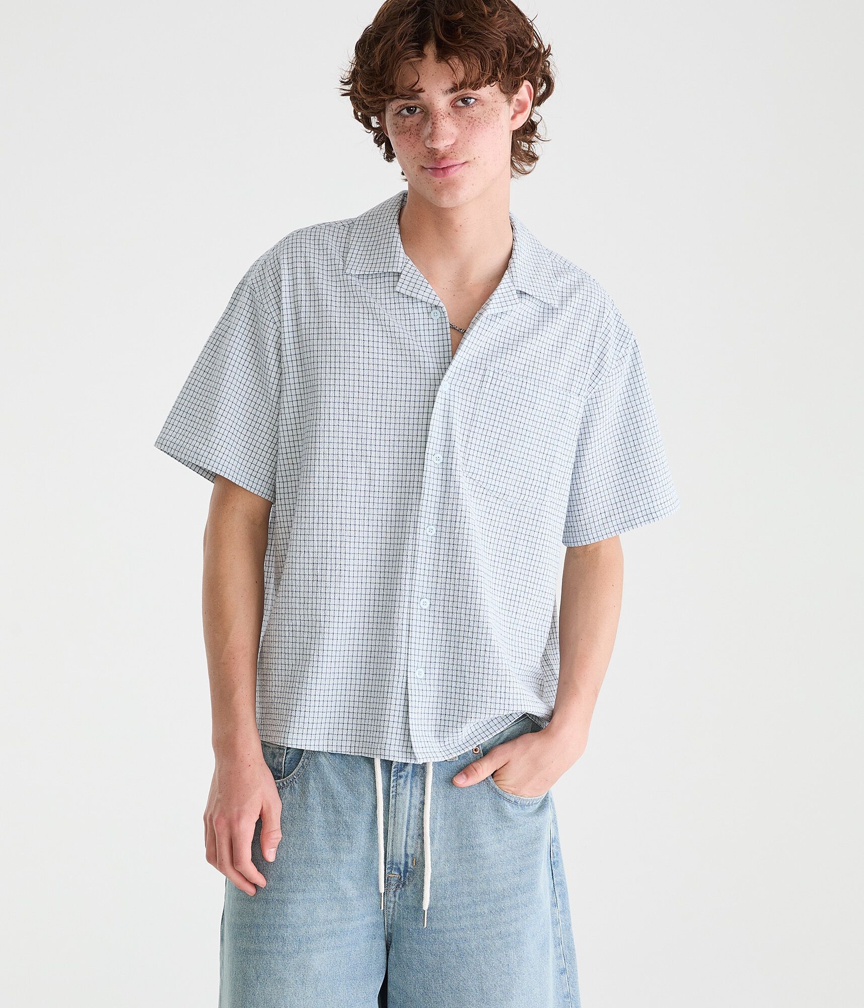 Microplaid Boxy Camp Shirt