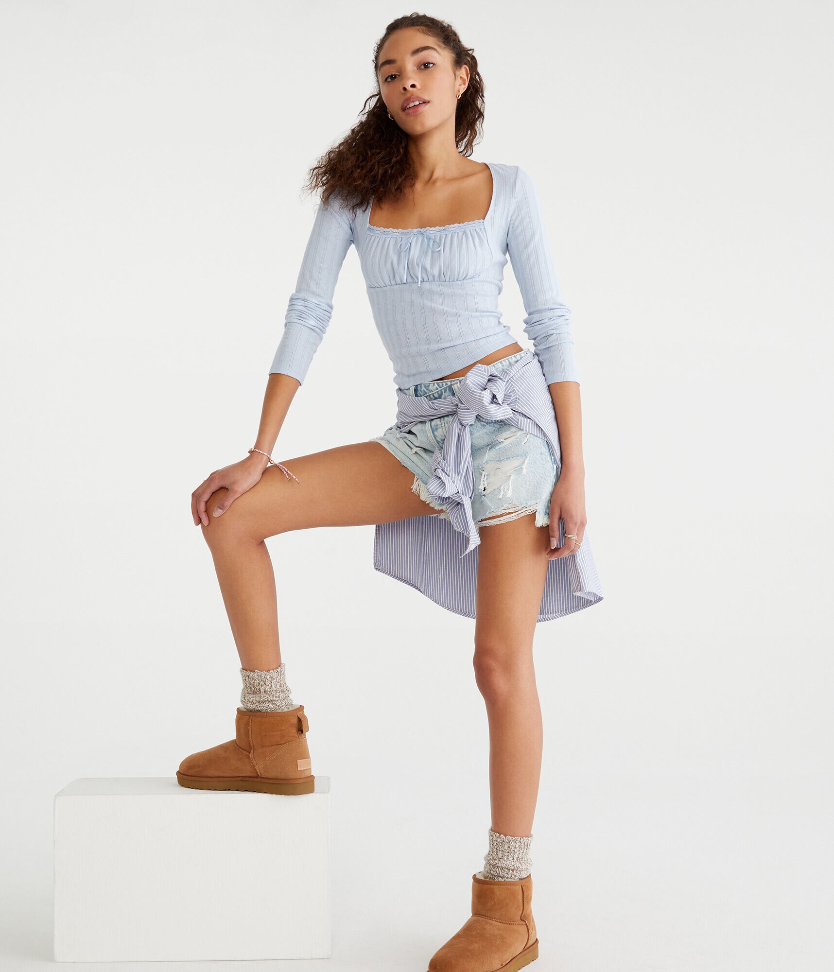 Long Sleeve Ruched Pointelle Top