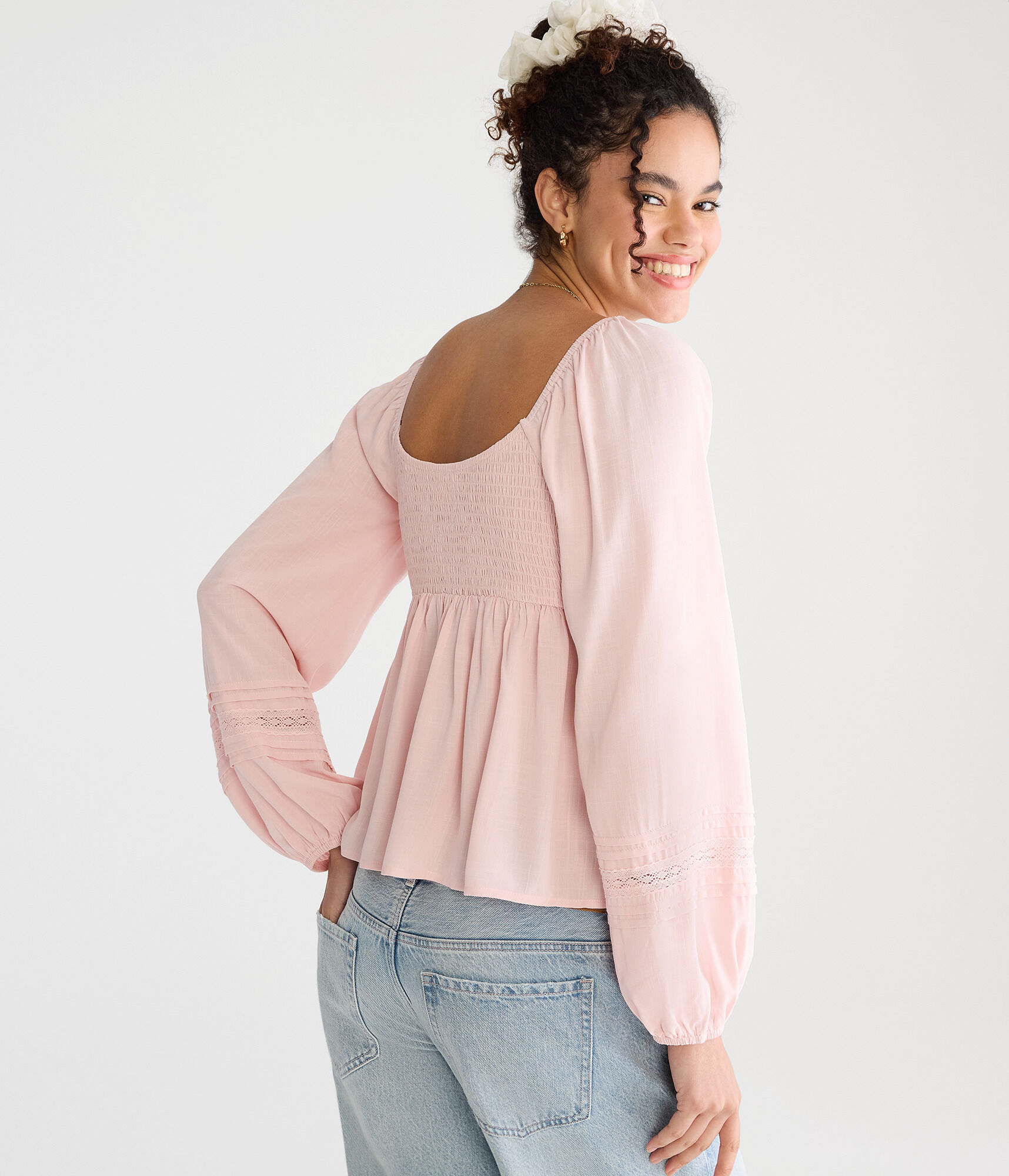 Long Sleeve Lace & Pleats V-Neck Peasant Top