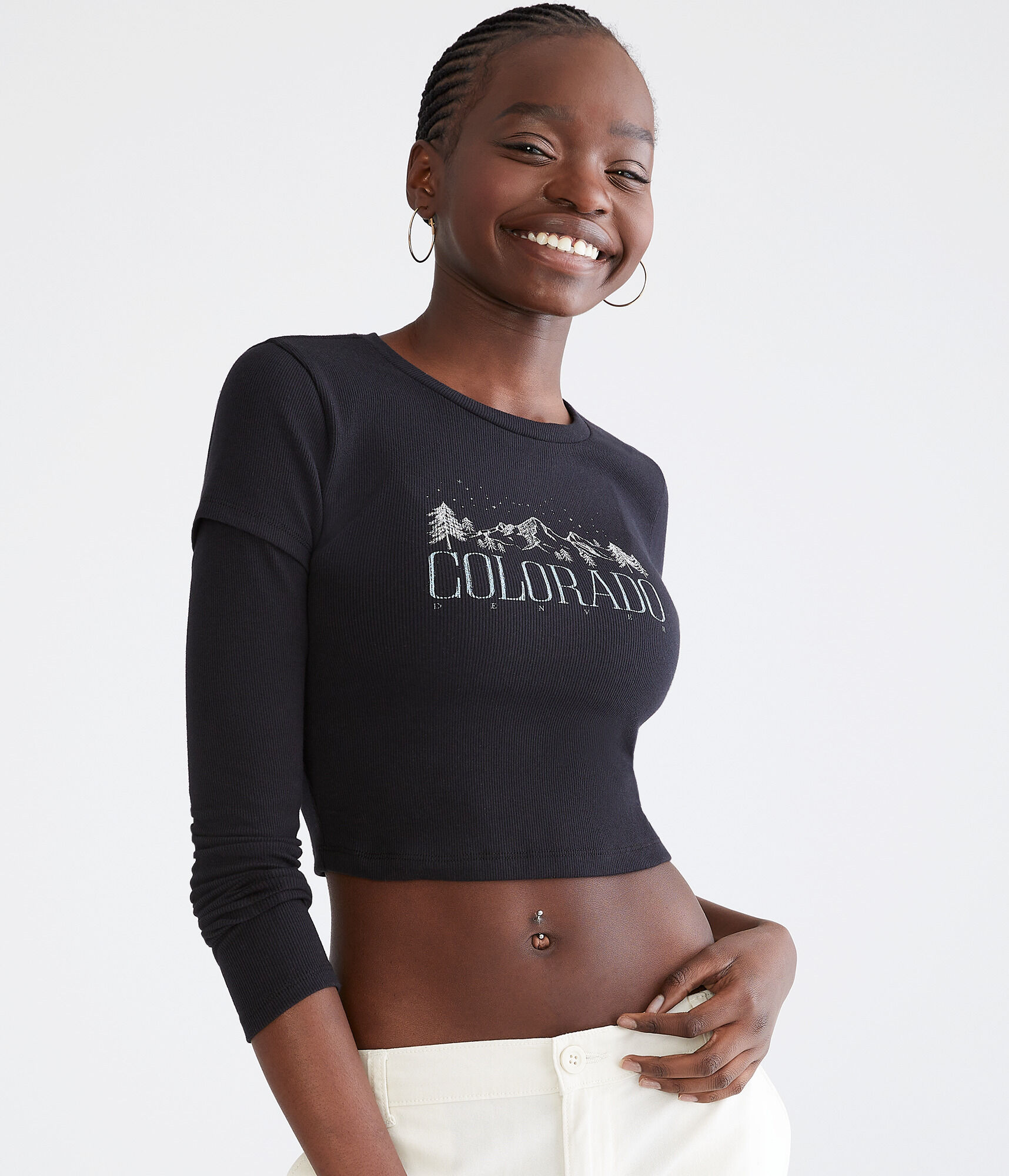 Long Sleeve Seriously Soft Denver Colorado Cropped Graphic 2Fer Tee