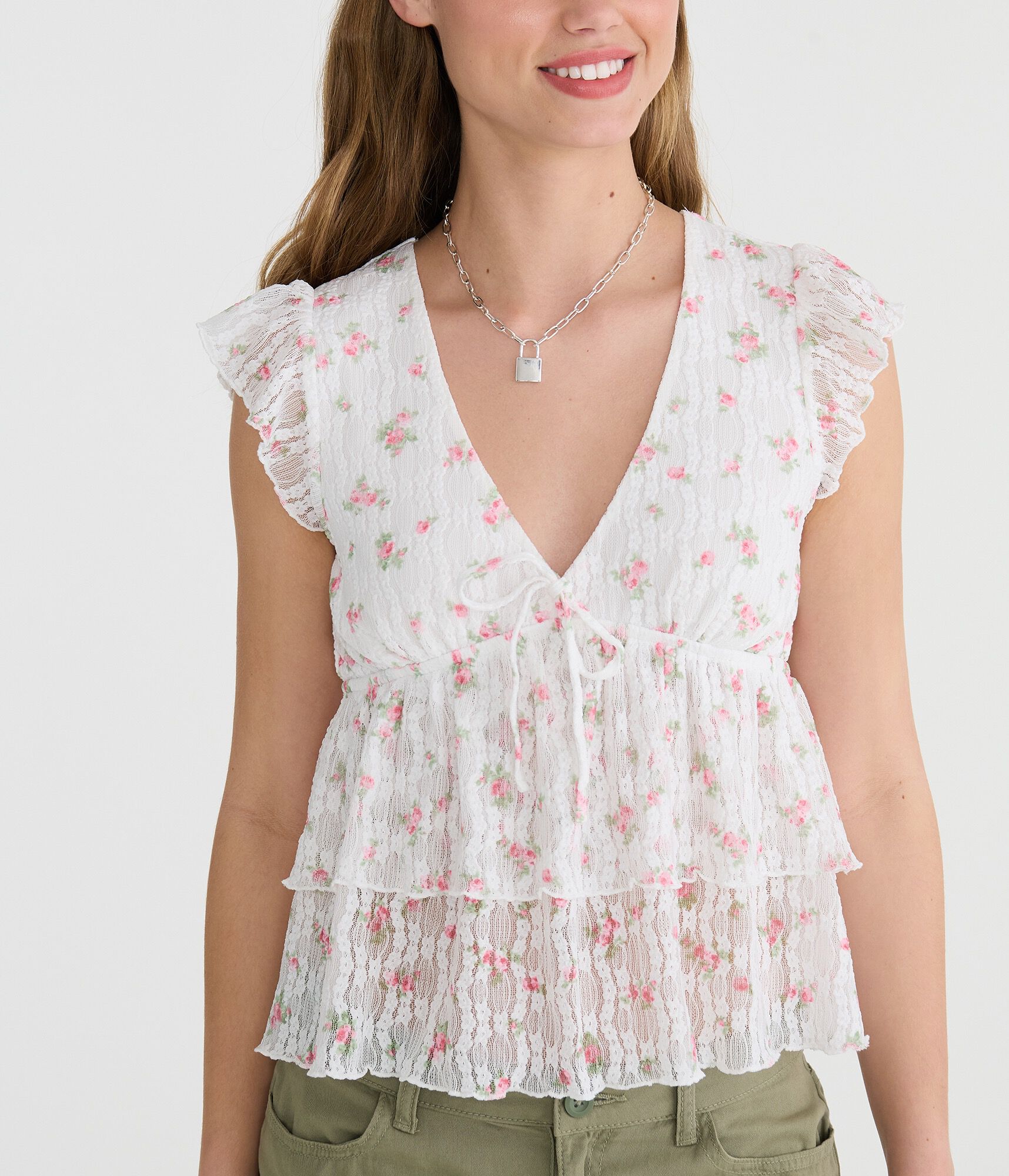 Floral Lace Flutter Sleeve V-Neck Top