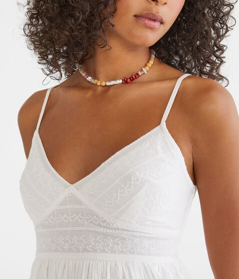 Solid V-Neck Eyelet Babydoll Dress Solid V-Neck Eyelet Babydoll Dress