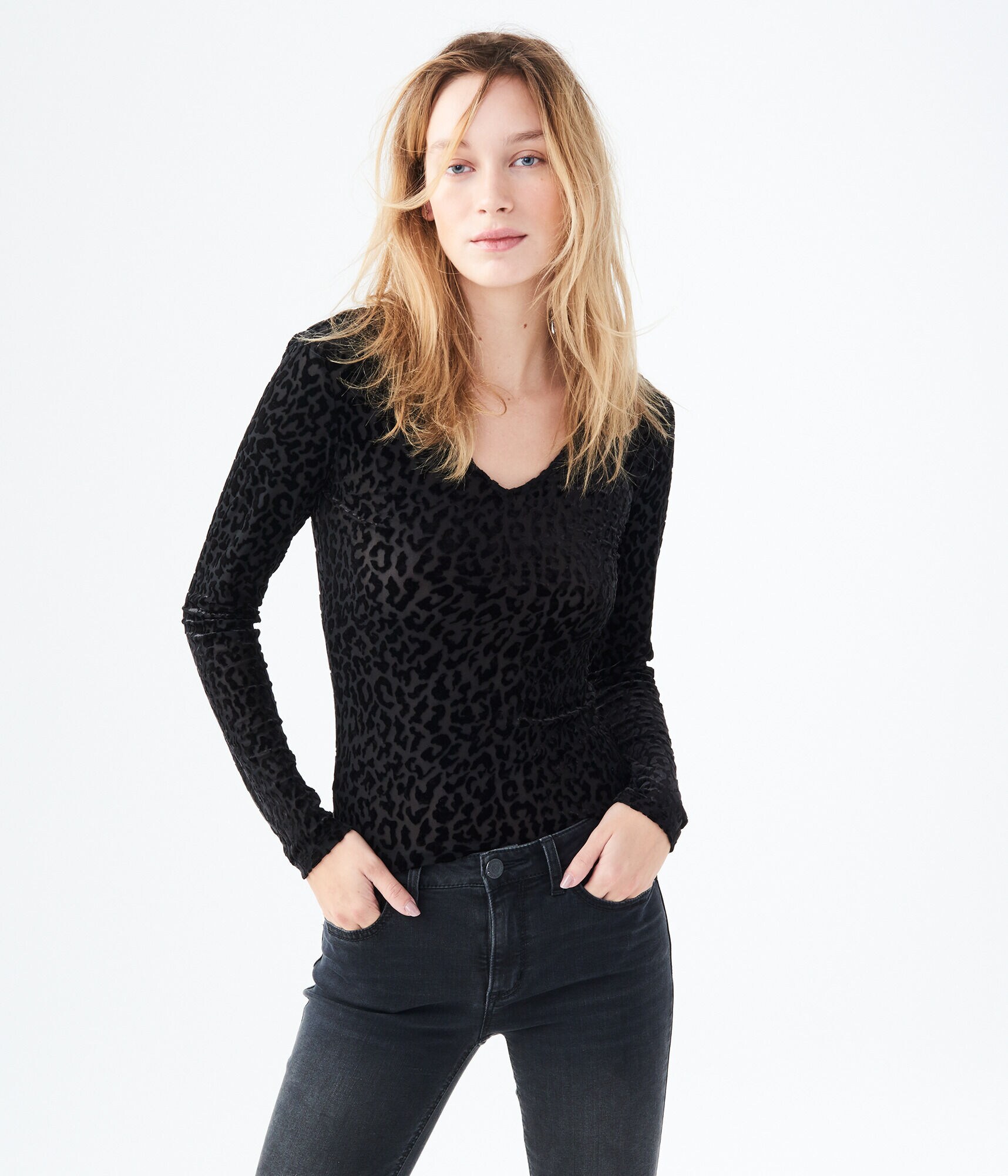 Long Sleeve Sheer Burnout Leopard Top