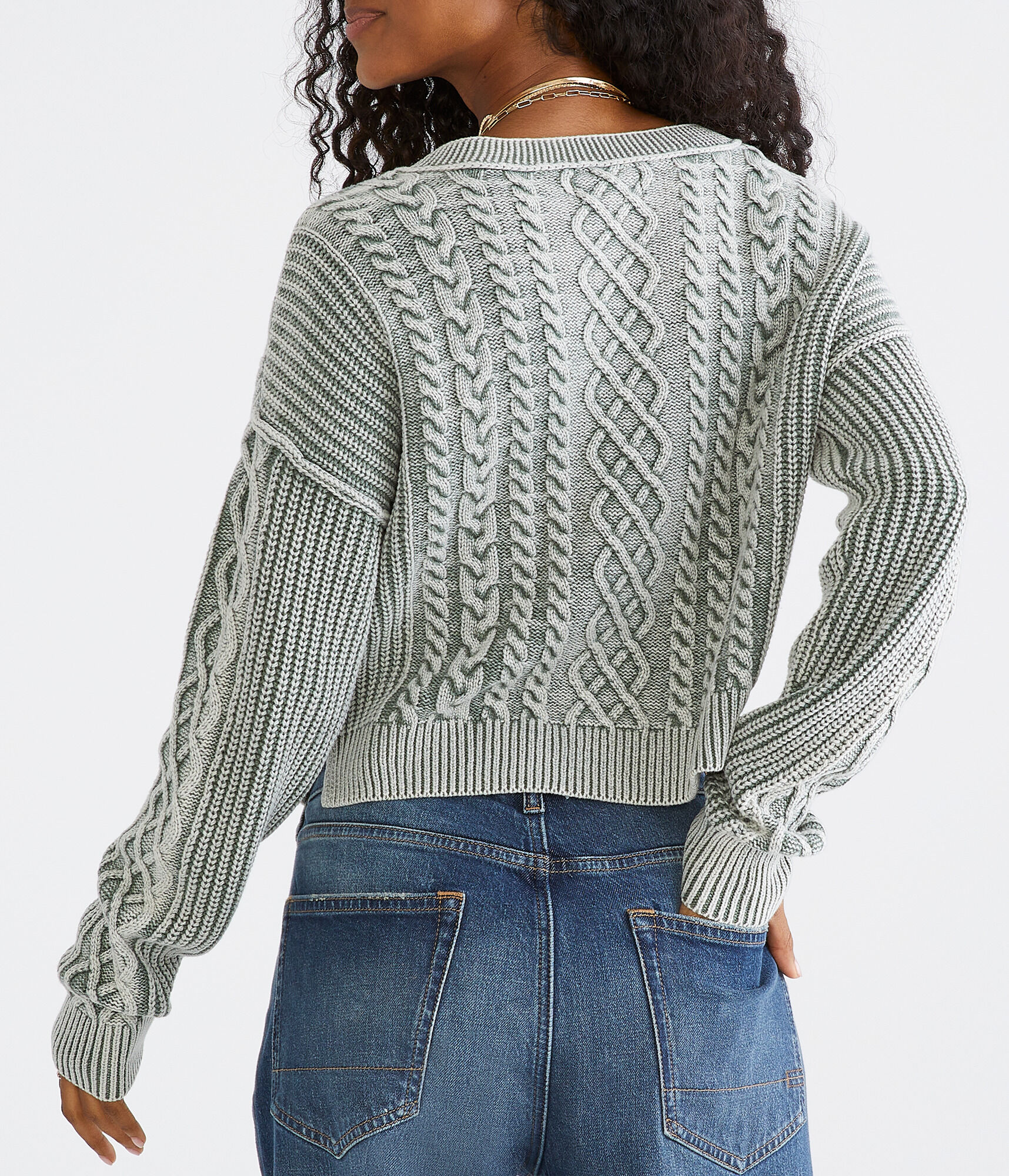 Slouchy Cable-Knit Cropped V-Neck Sweater