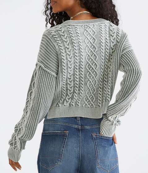 Slouchy Cable-Knit Cropped V-Neck Sweater
