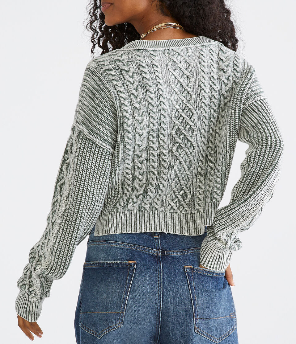 Slouchy Cable-Knit Cropped V-Neck Sweater