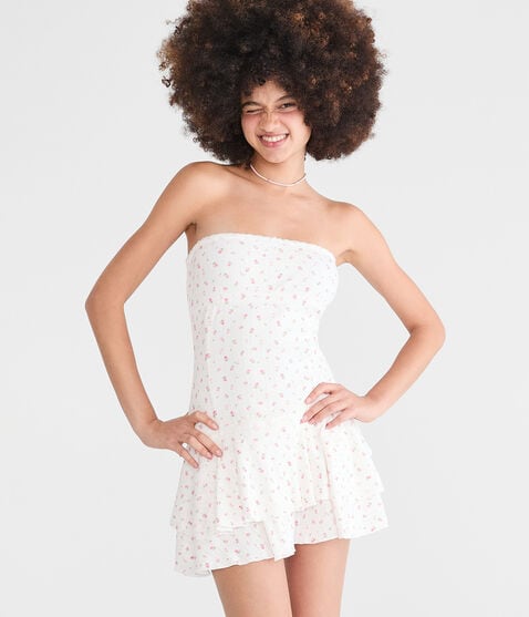 Floral Strapless Pointelle Drop-Waist Mini Dress Floral Strapless Pointelle Drop-Waist Mini Dress