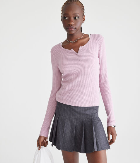 Long Sleeve Waffle Notch-Neck Shrunken Tee