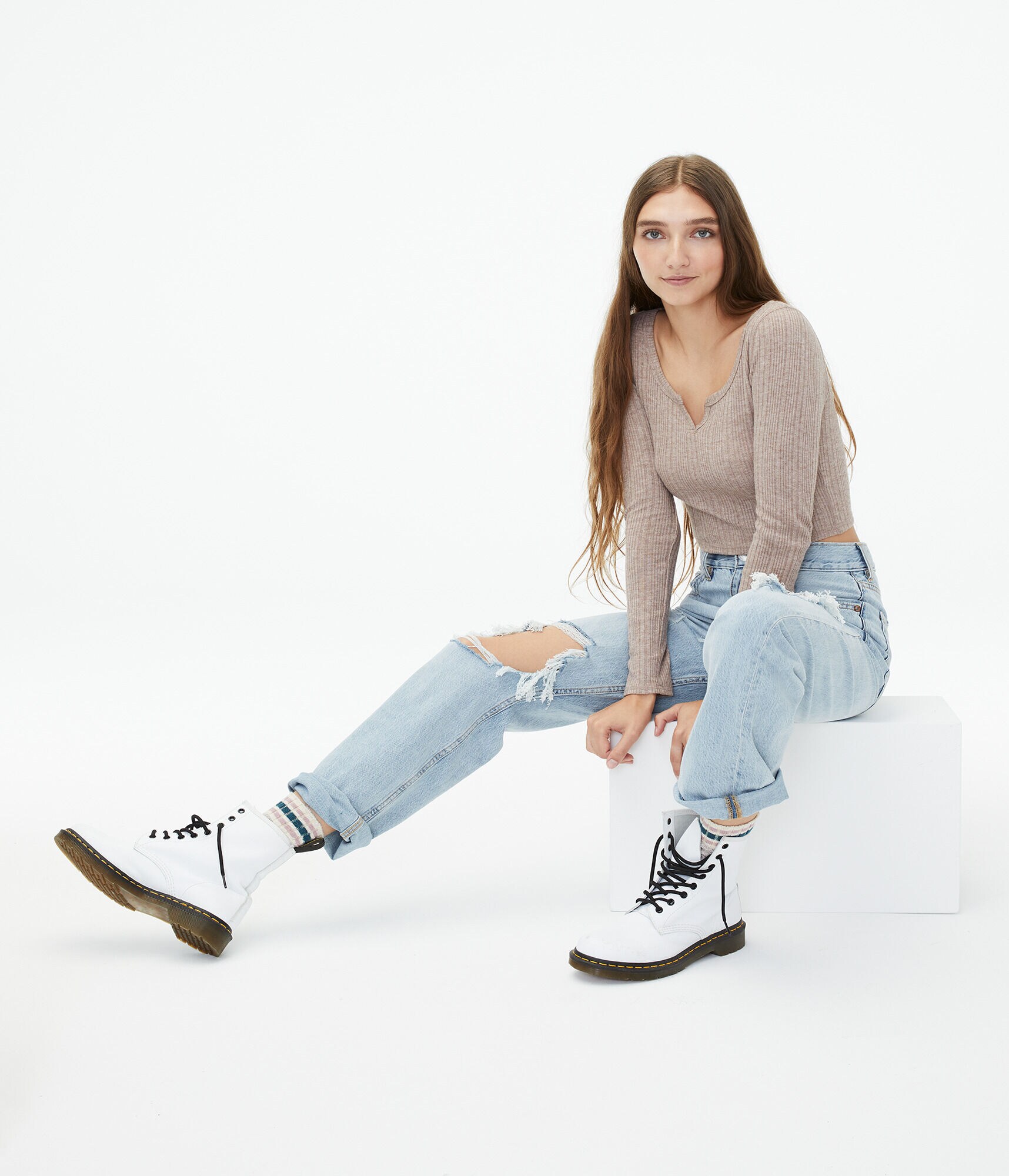 Long Sleeve Notch-Neck Cropped Shrunken Tee