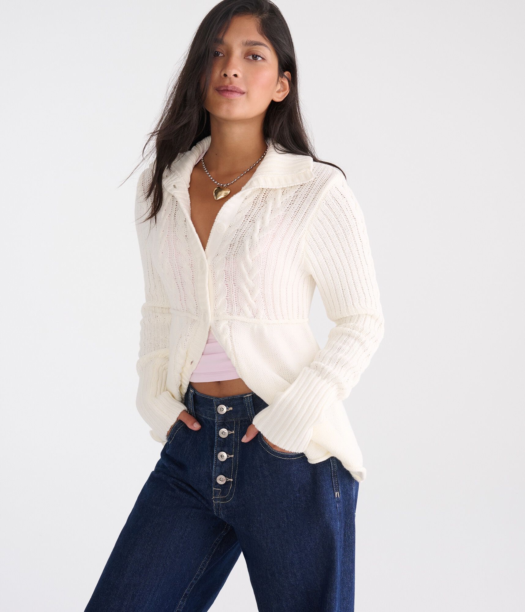 D&eacute;j&agrave; For Aero Cable Button-Front Mock-Neck Sweater