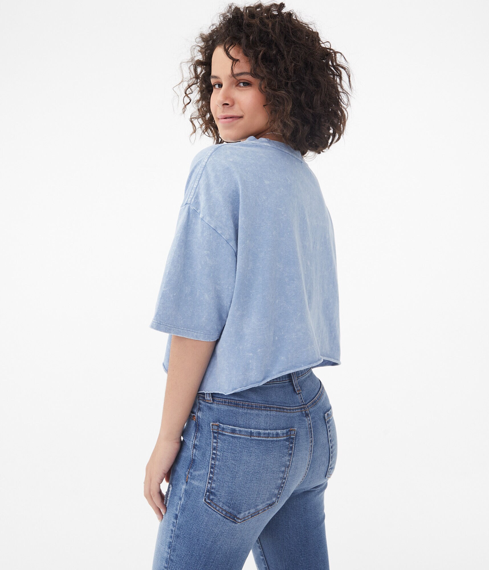 Denim Wash Sharkbite Cropped Crew Tee