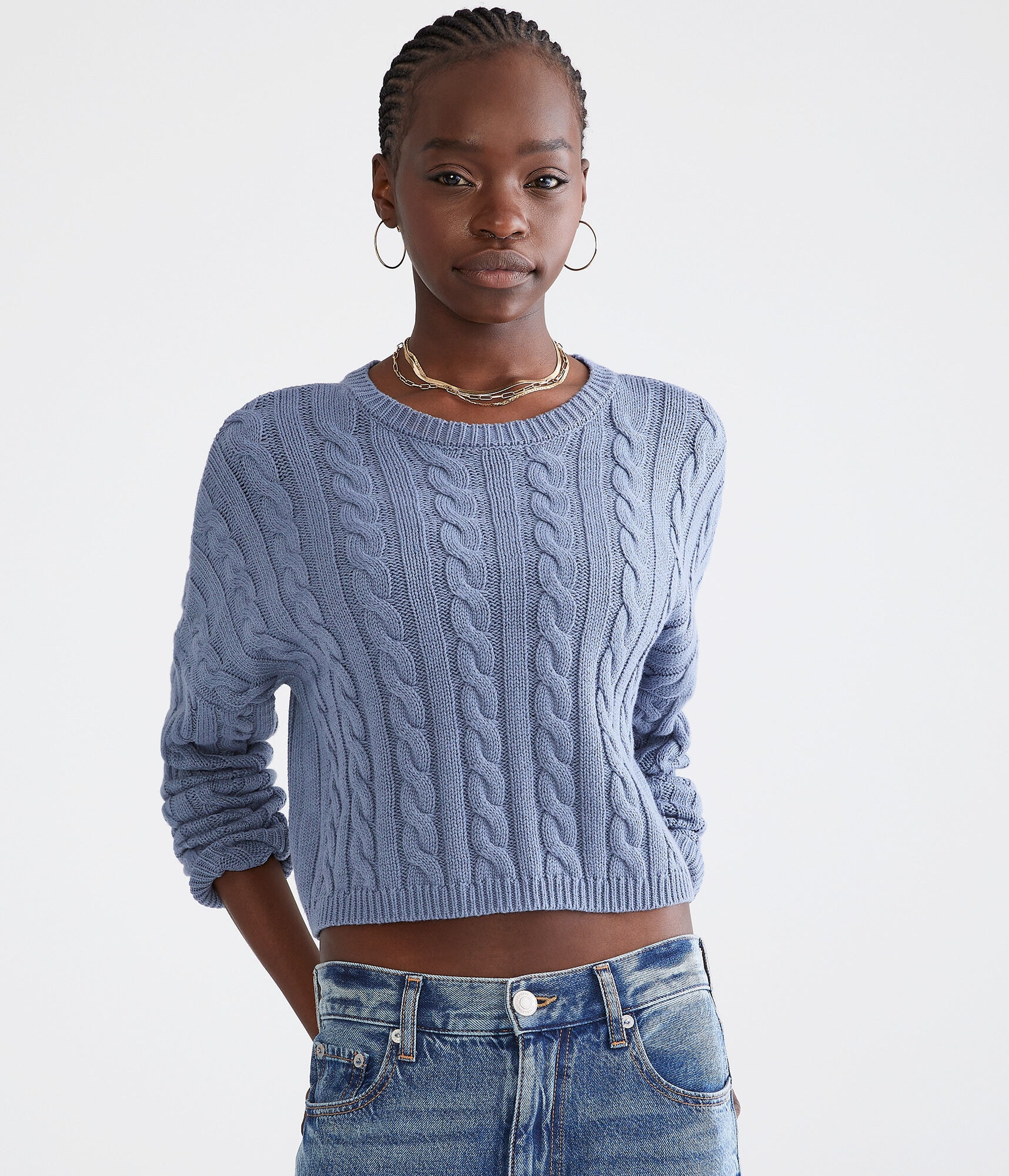 Cable-Knit Cropped Crew Sweater