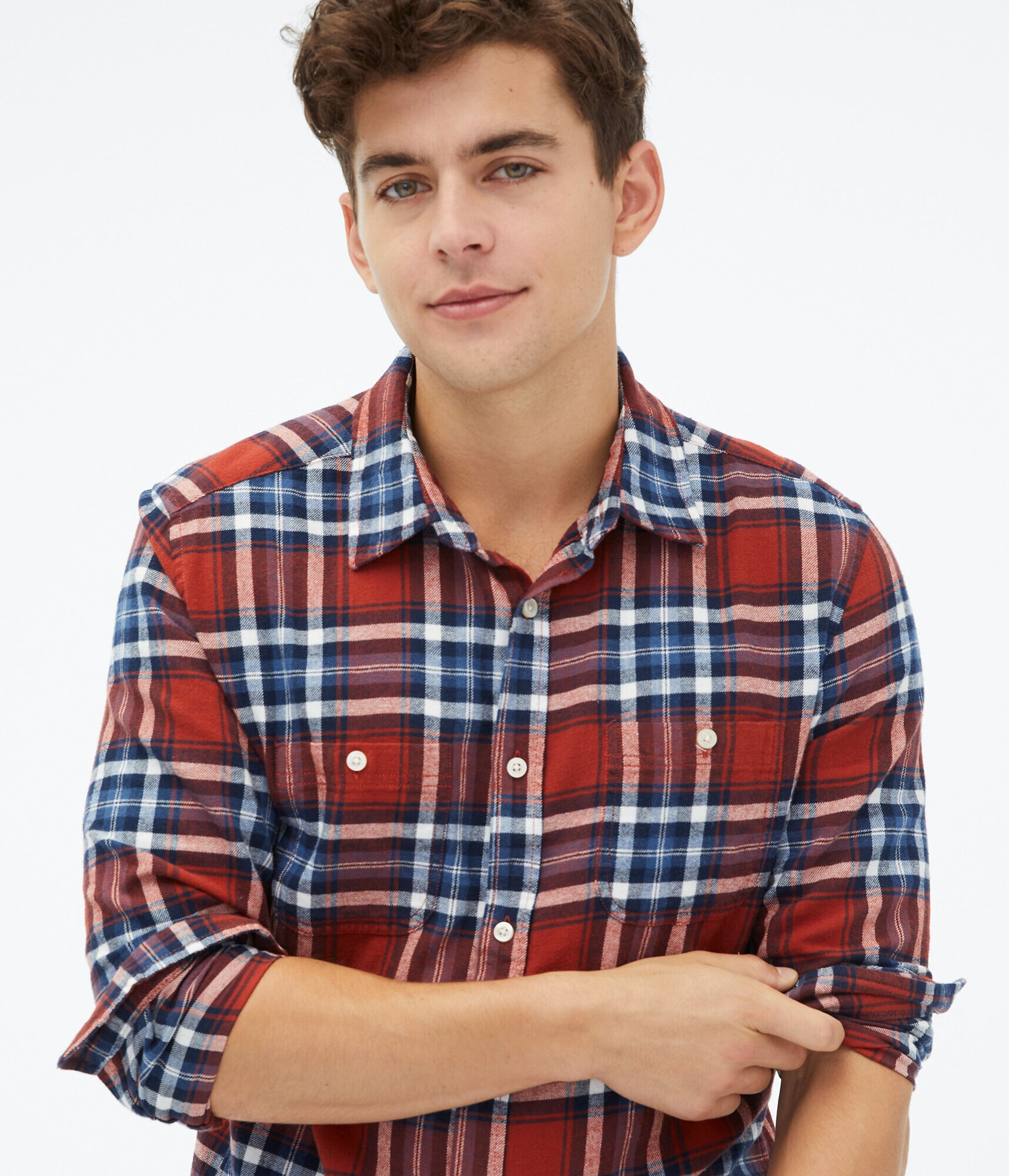 Long Sleeve Plaid Flannel Button-Down Shirt