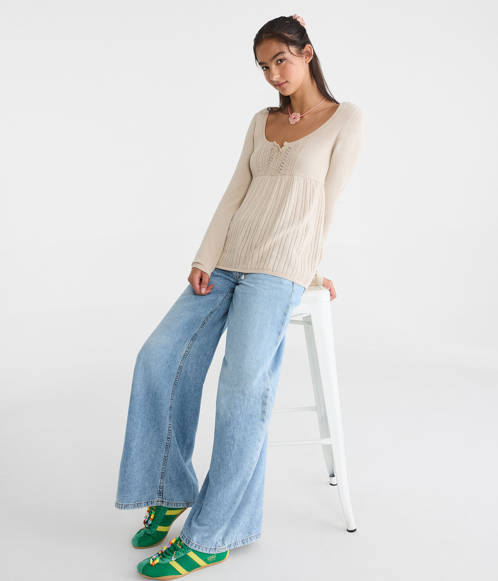 Cable Open-Stitch Square-Neck Babydoll Sweater