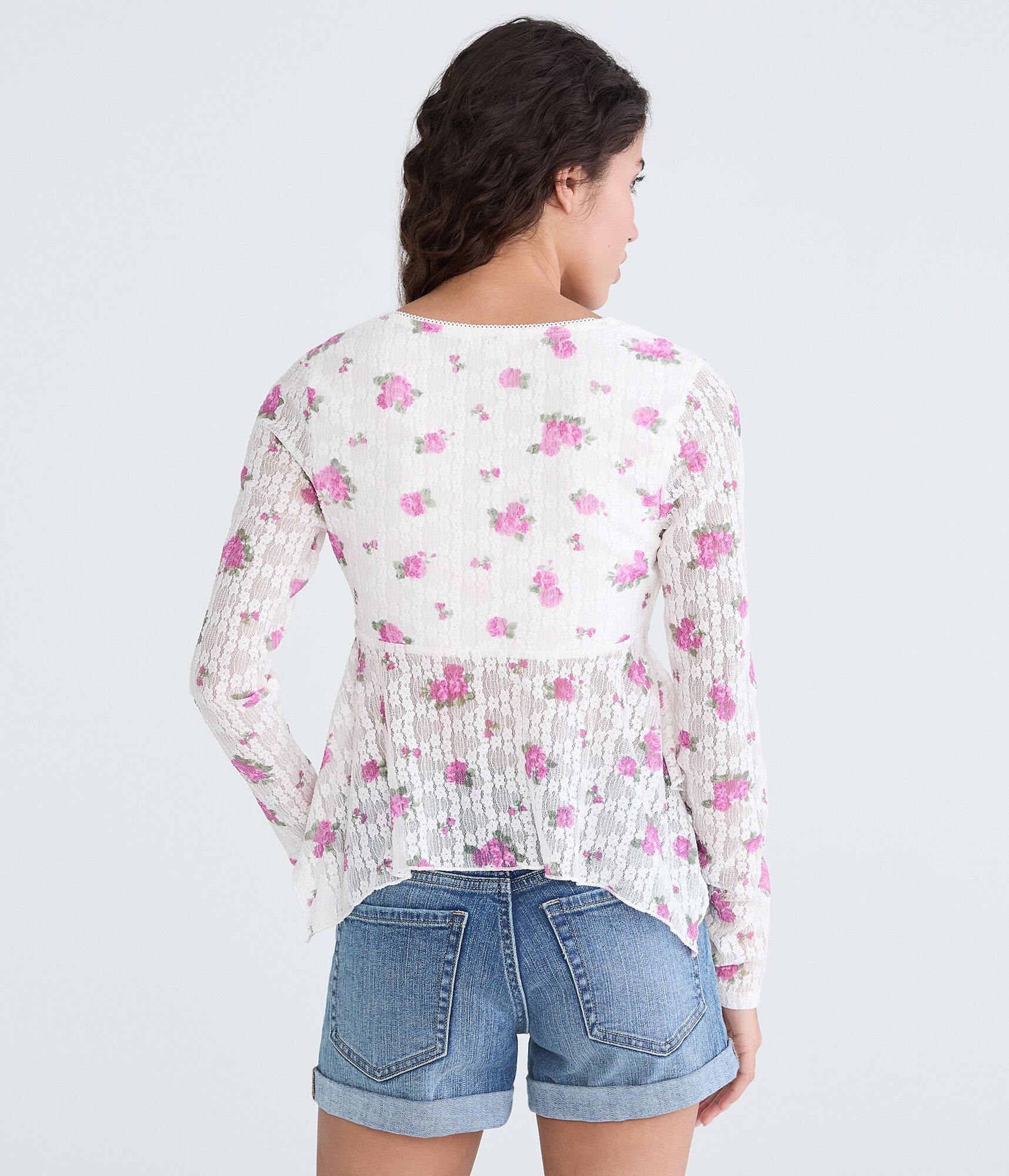 Long Sleeve Floral Textured Cropped V-Neck Babydoll Top