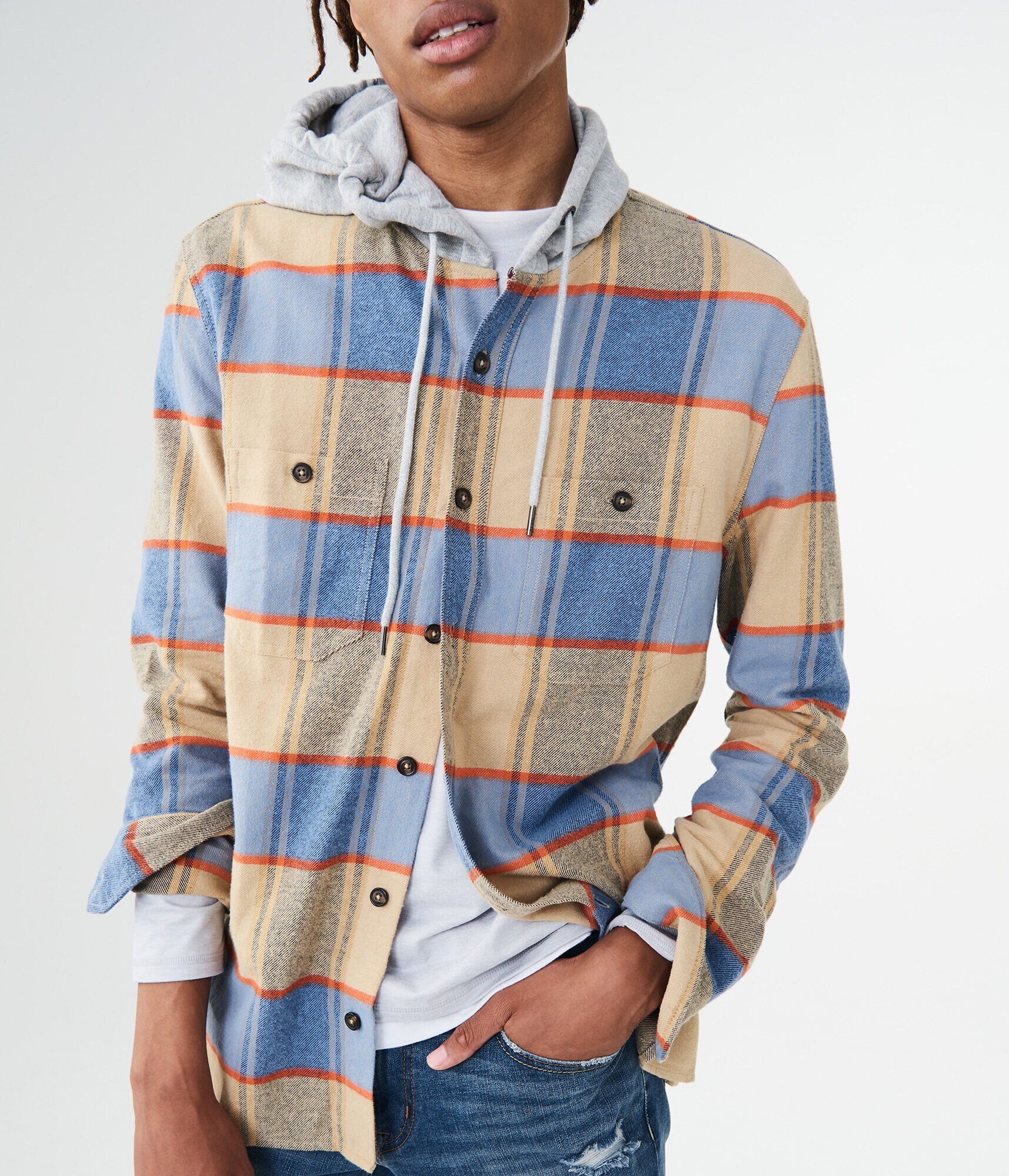 Long Sleeve Hooded Plaid Woven Shirt