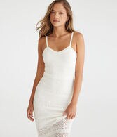 Solid V-Neck Crocheted Midi Dress