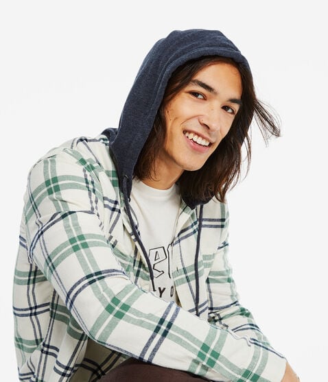 Long Sleeve Plaid Flannel Hooded Button-Down Shirt Long Sleeve Plaid Flannel Hooded Button-Down Shirt