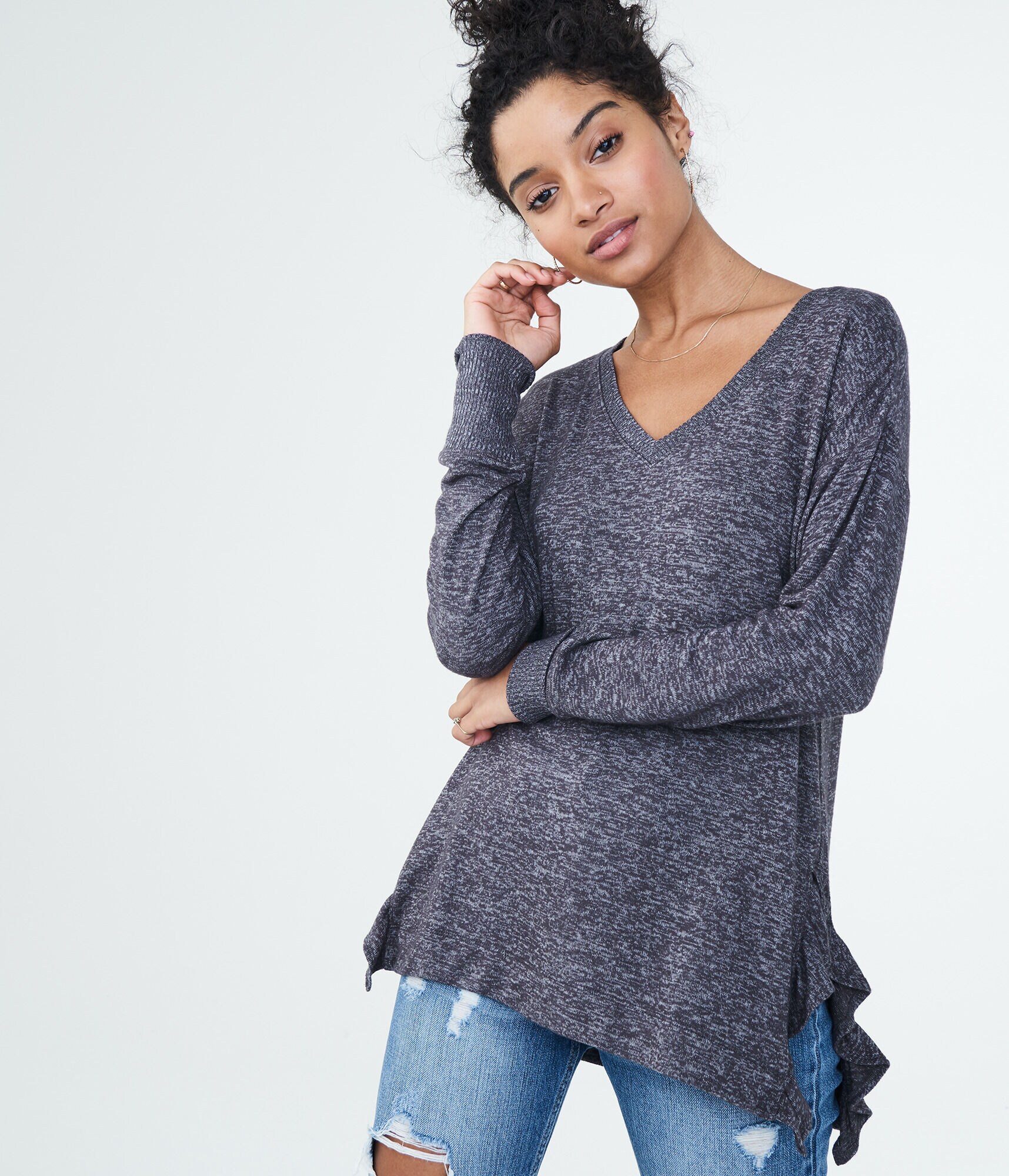 LLD Long Sleeve Side Ruffle V-Neck Top***