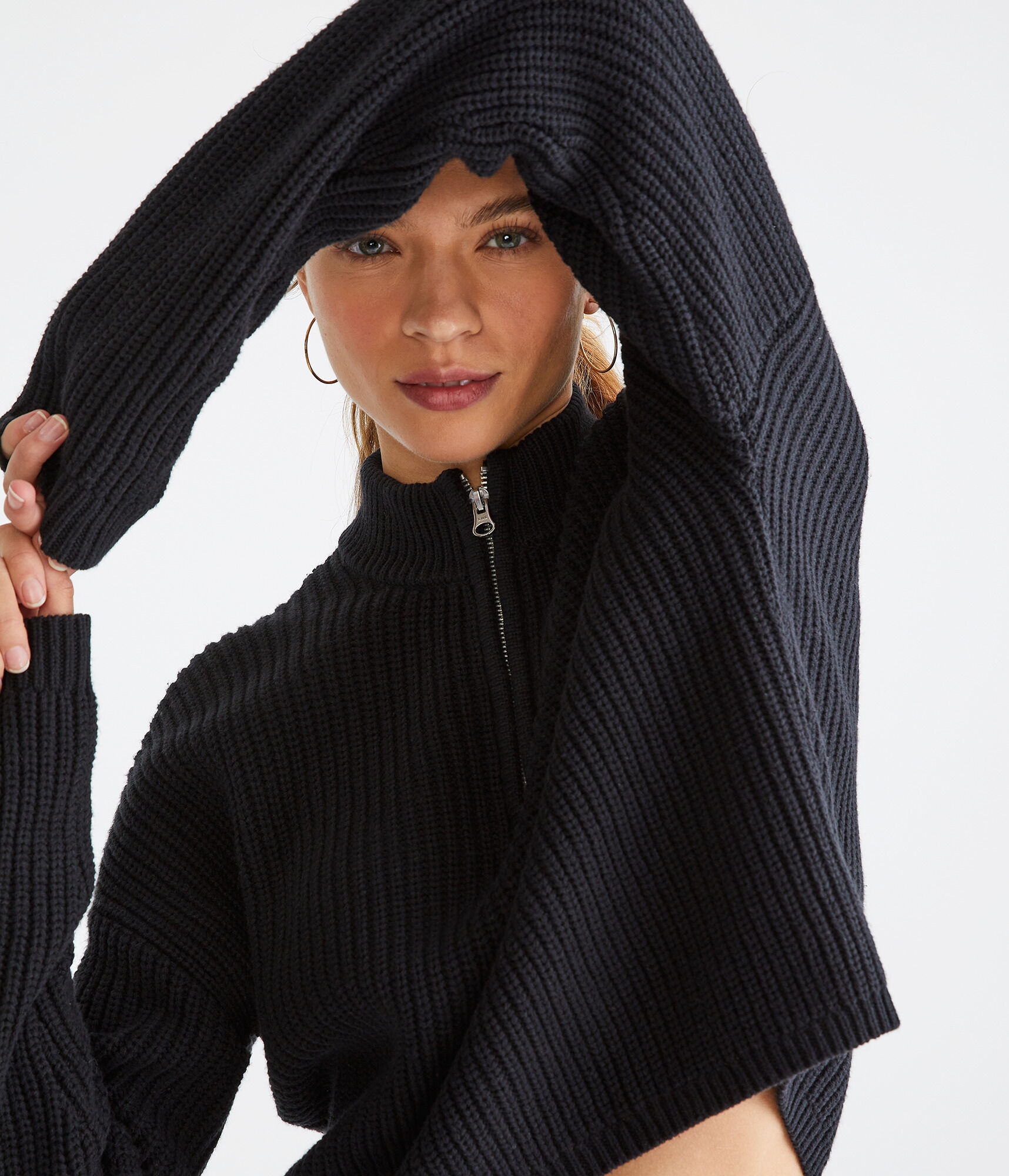 Ribbed 1/2-Zip Mock-Neck Sweater