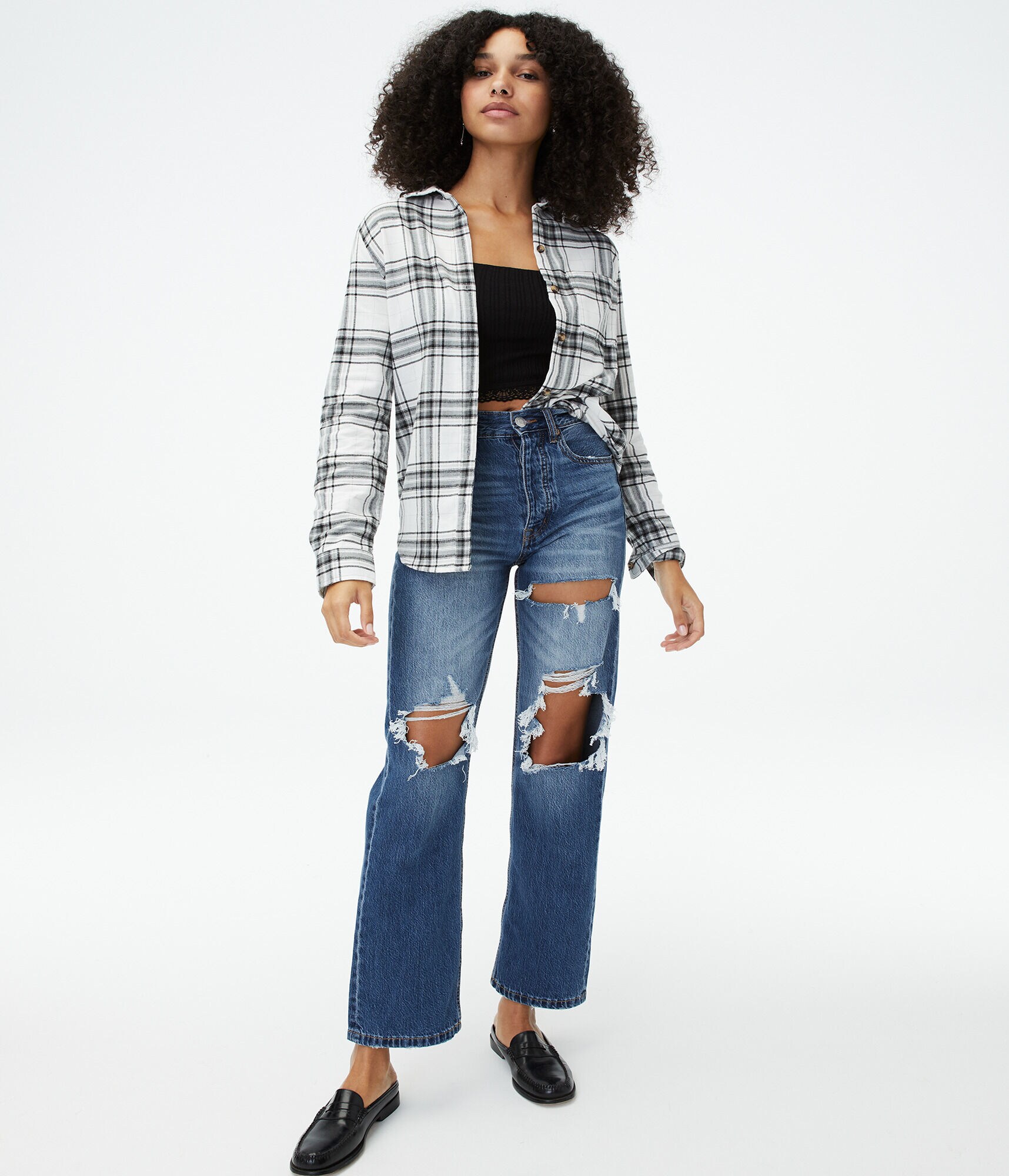 Long Sleeve Plaid Flannel Boyfriend Button-Down Shirt