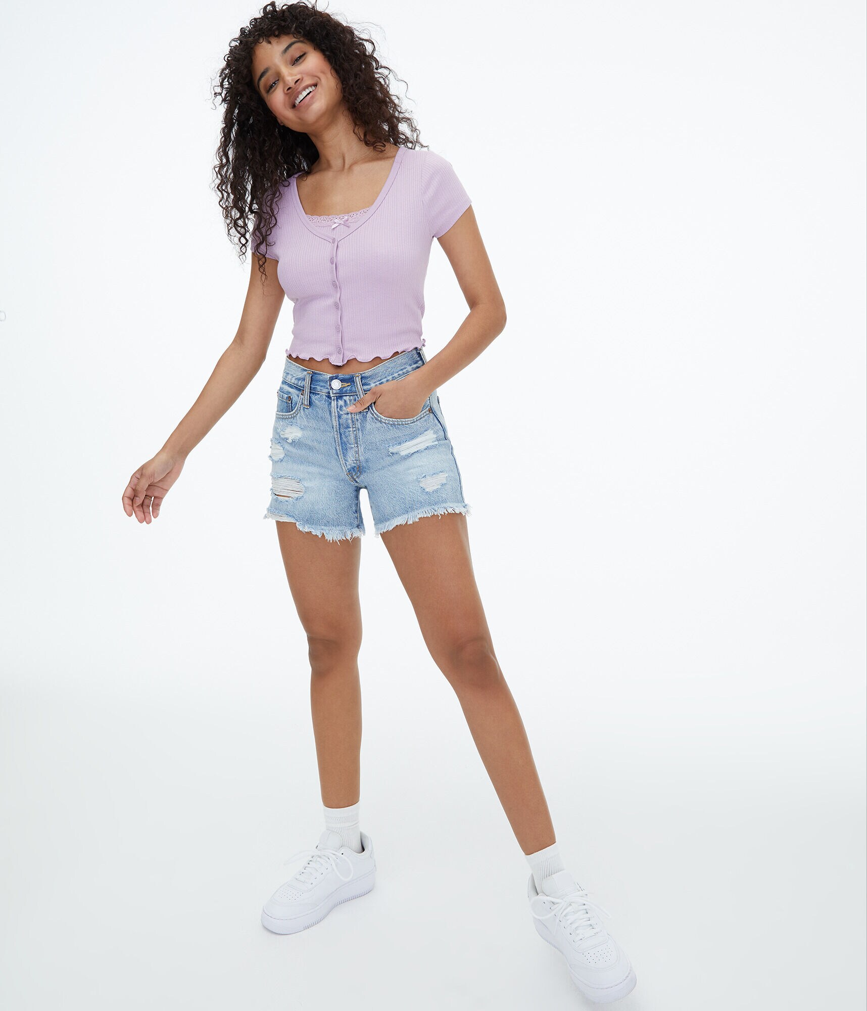 Button-Front Cropped Shrunken Tee